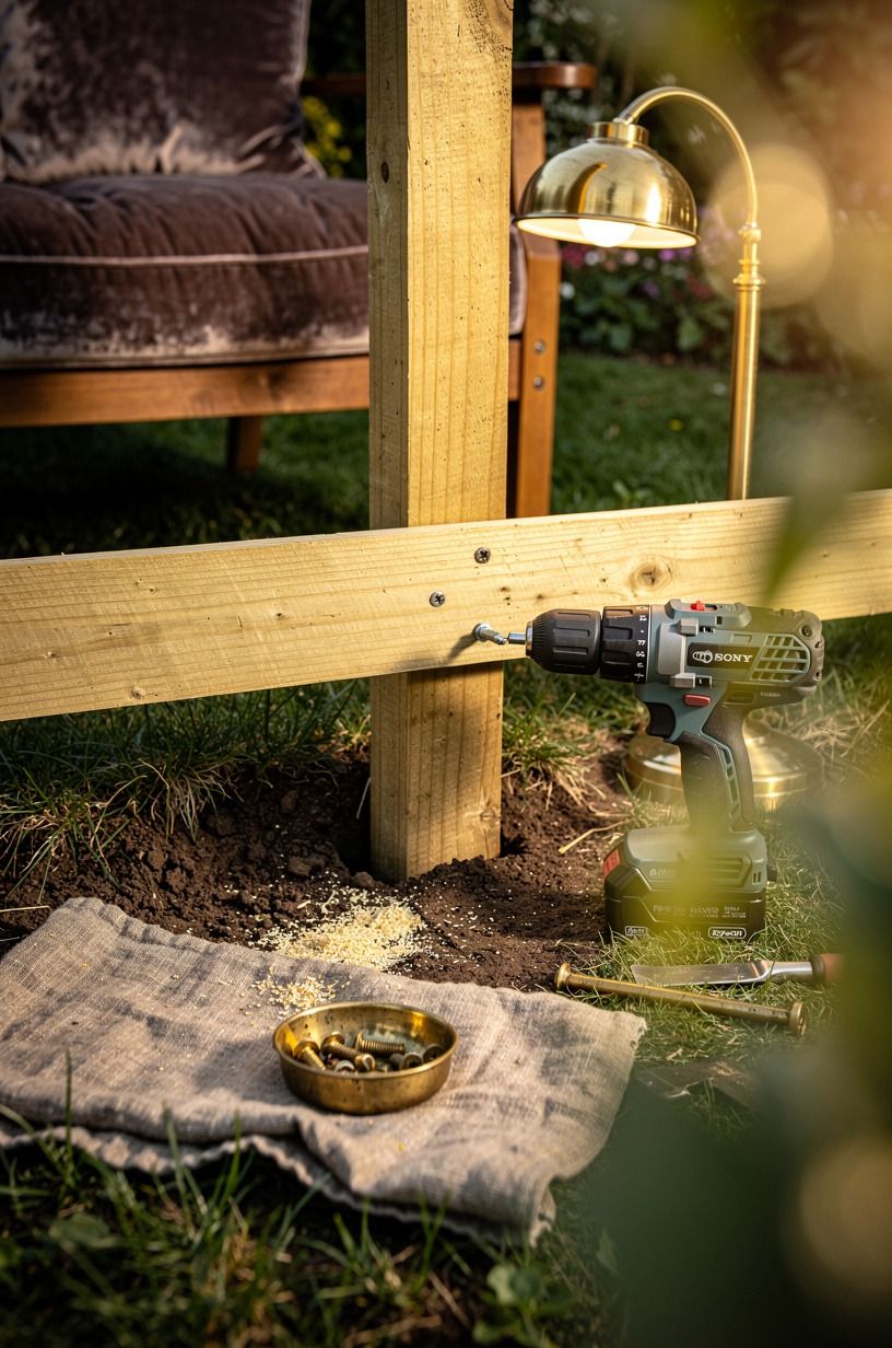 I screwed the lower rail above wet grass