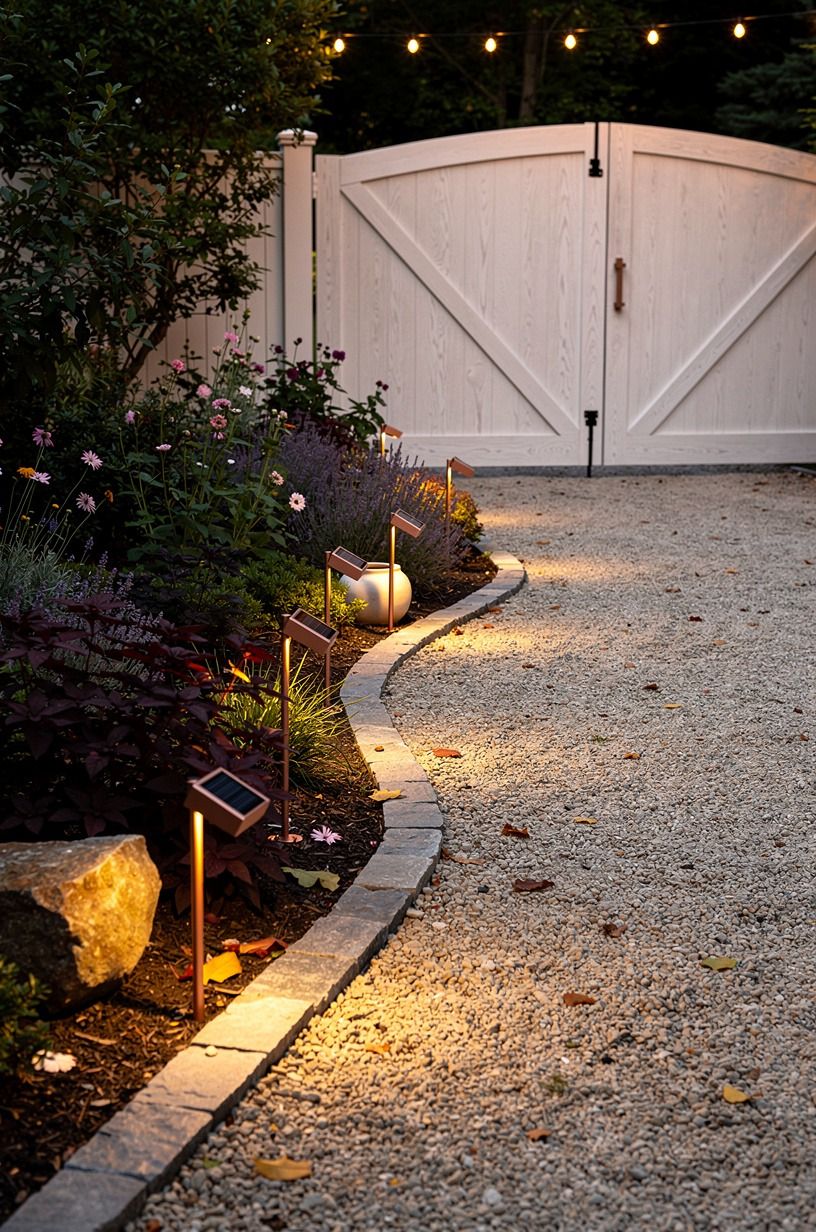 Tucked solar lanterns along the pathway