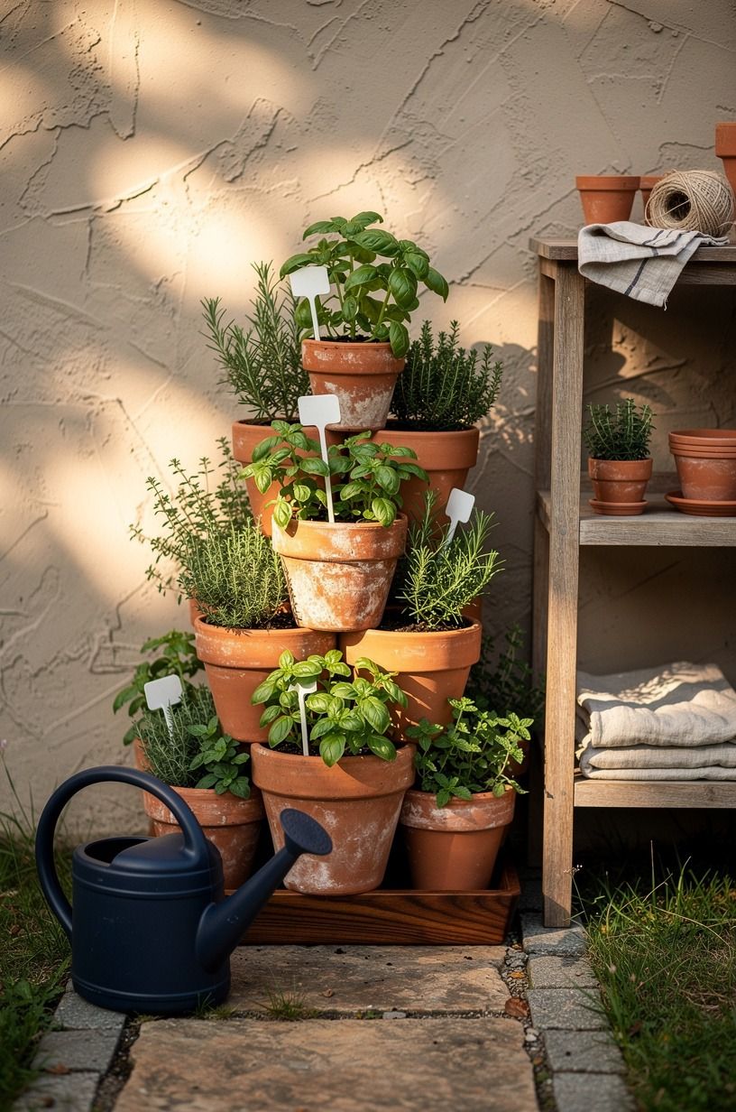 Plant herbs in stacked terracotta pots