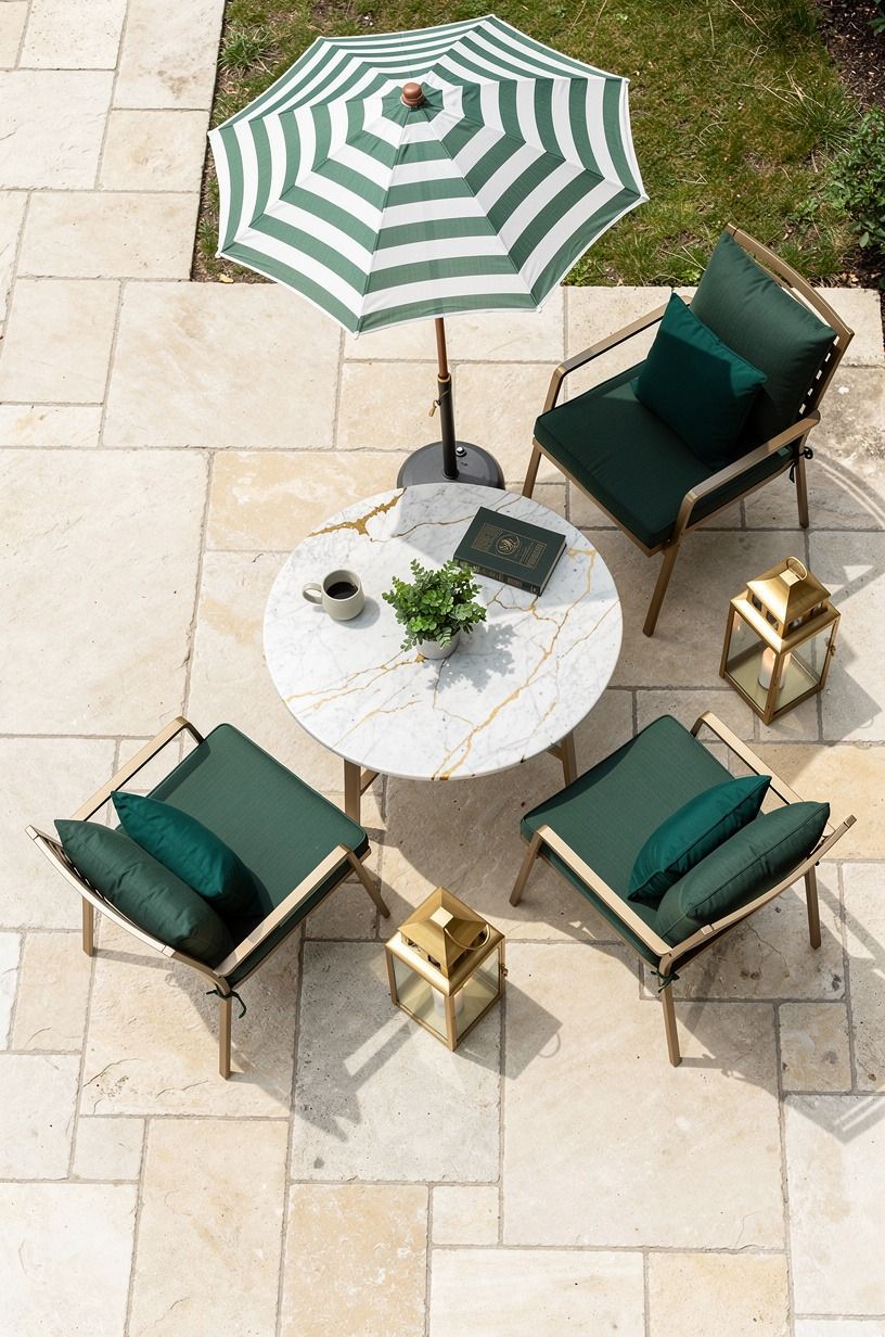 Anchor the seating with a striped umbrella
