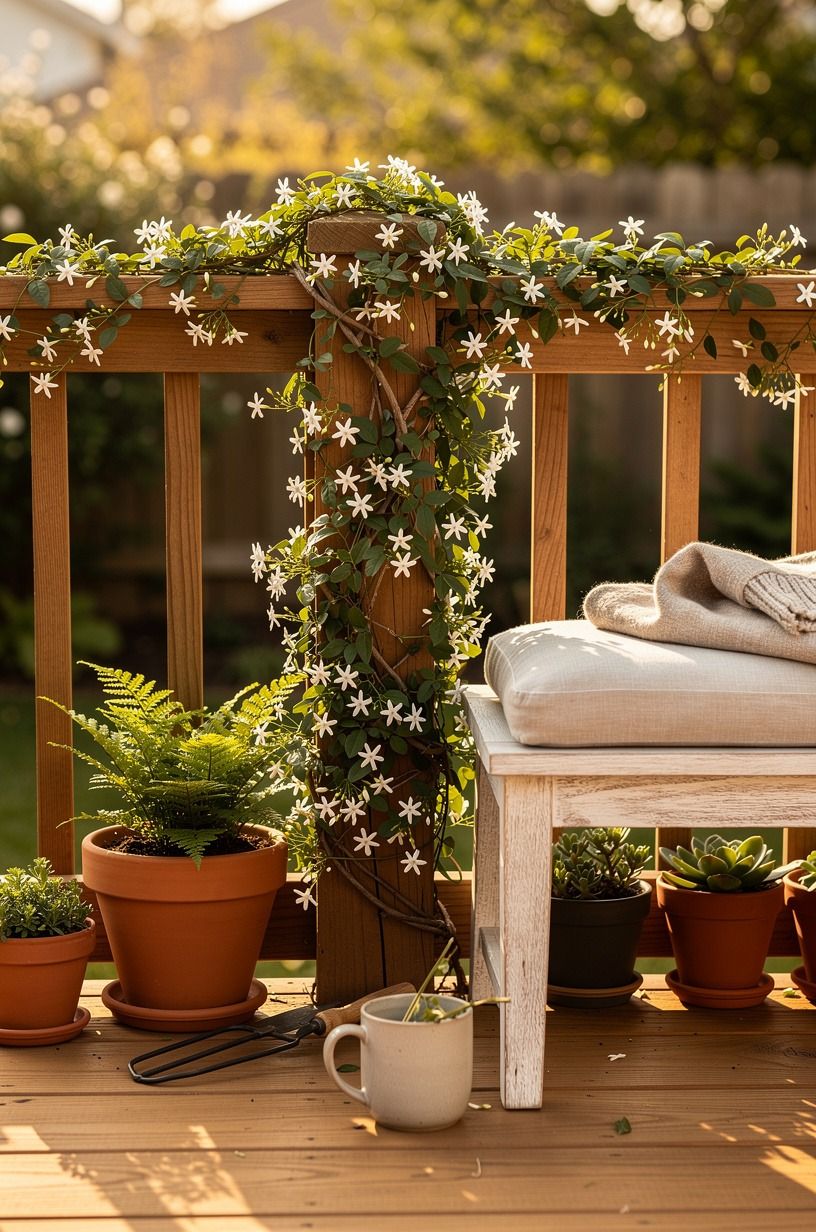 Wrap the deck rail with climbing jasmine