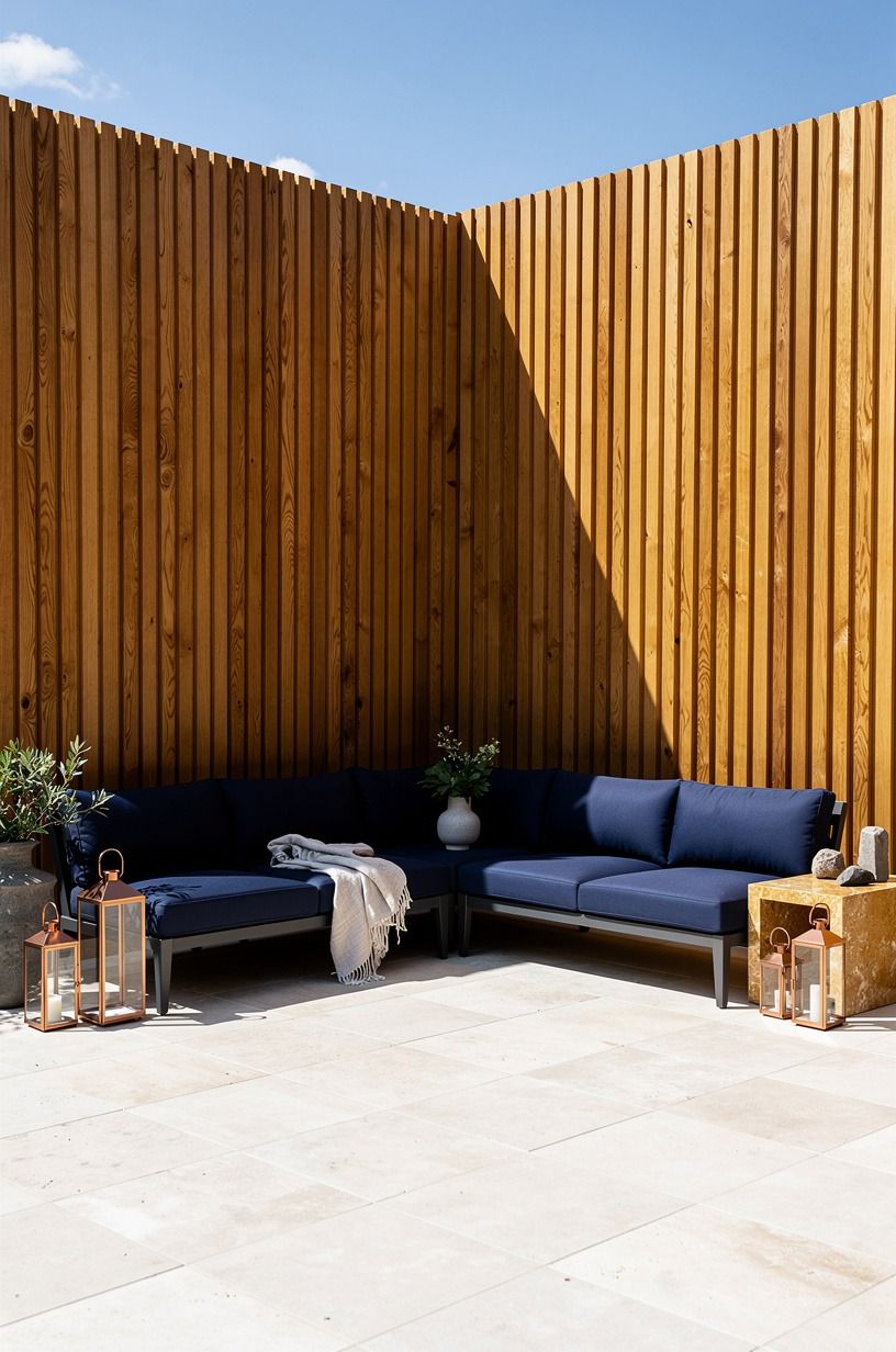 Create a slatted corner screen behind seating