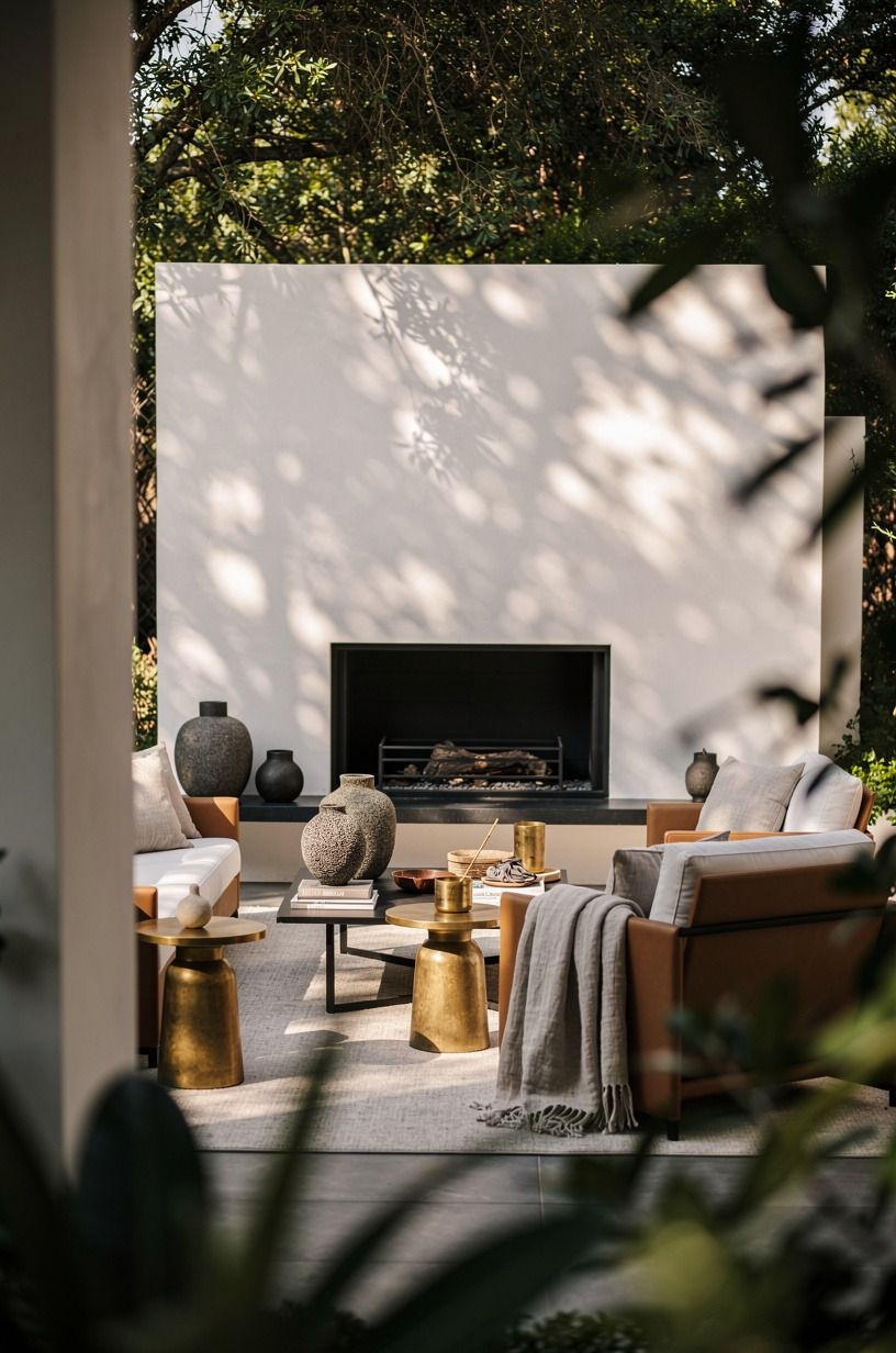 Anchor the outdoor area with fireplace around one solid wall