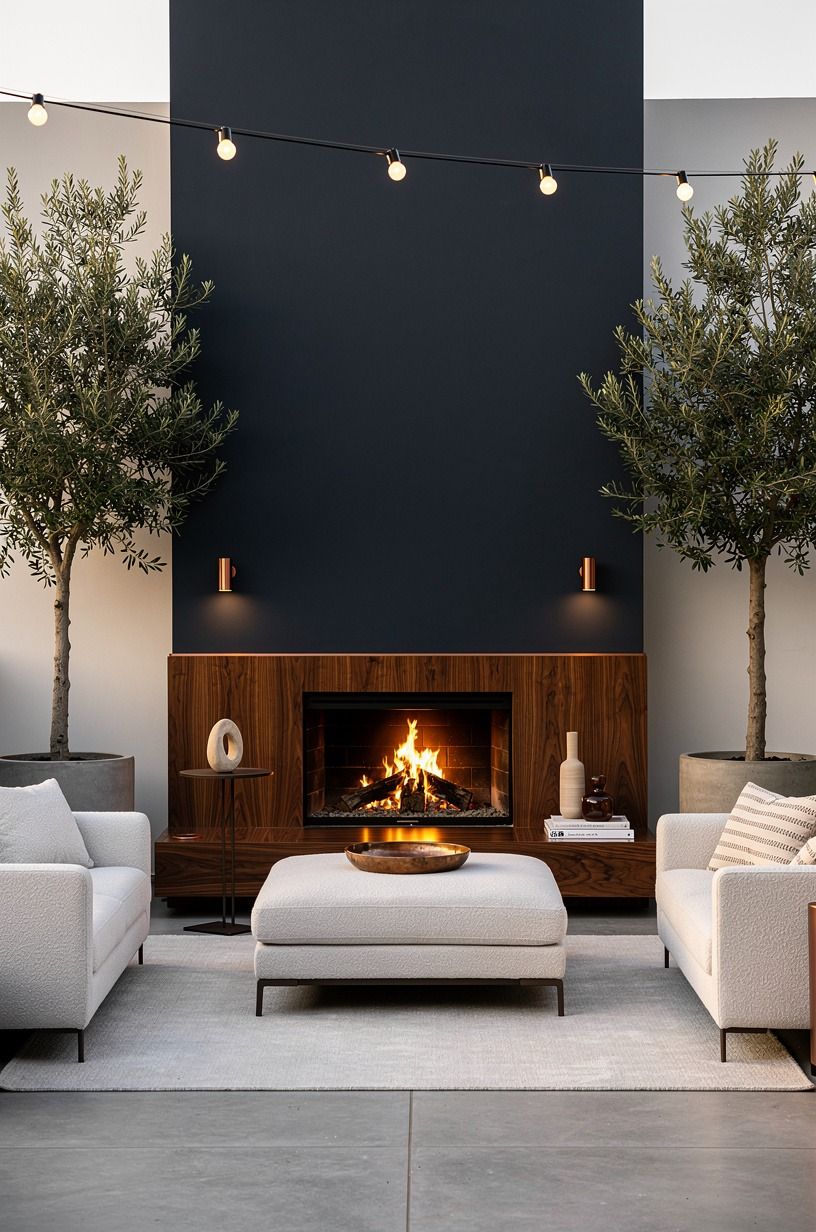Frame the hearth with a pair of olive trees