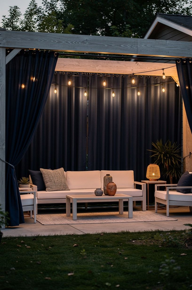 Hang weatherproof outdoor curtains from a beam