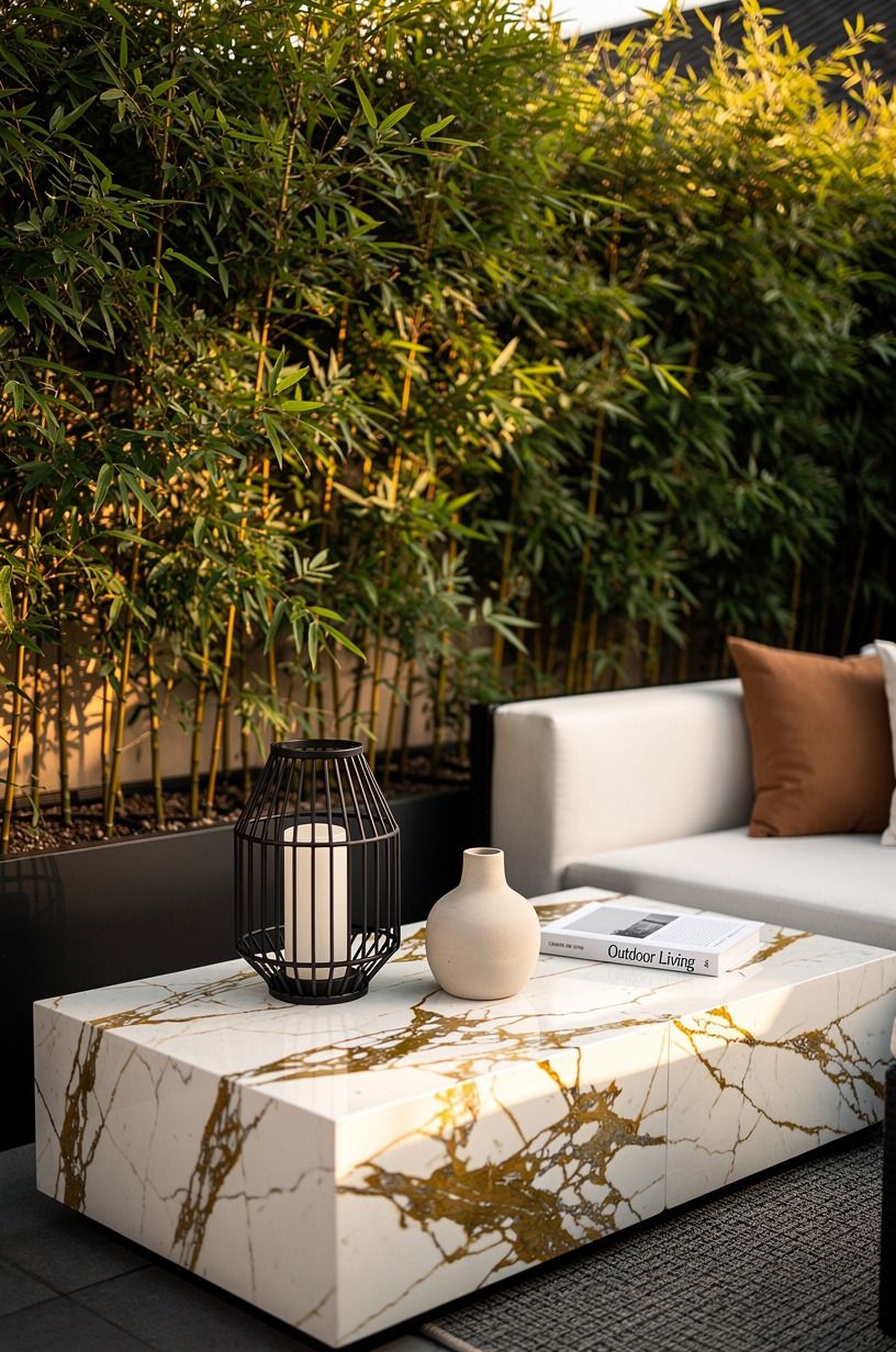 Layer a bamboo living screen in tall planters