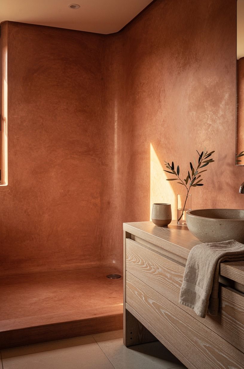 Wrap the shower walls in seamless tadelakt (The Quiet Envelope Rule)