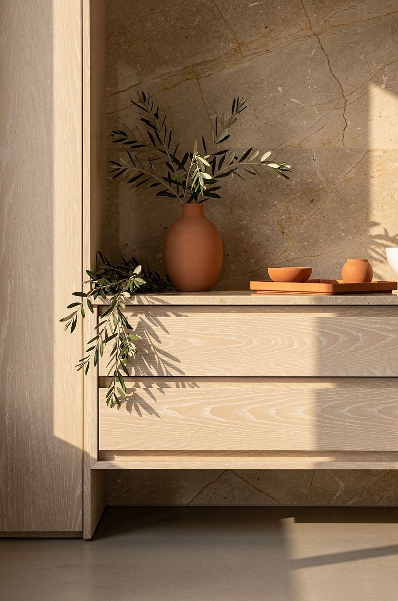 Run a vein-matched limestone slab behind the vanity