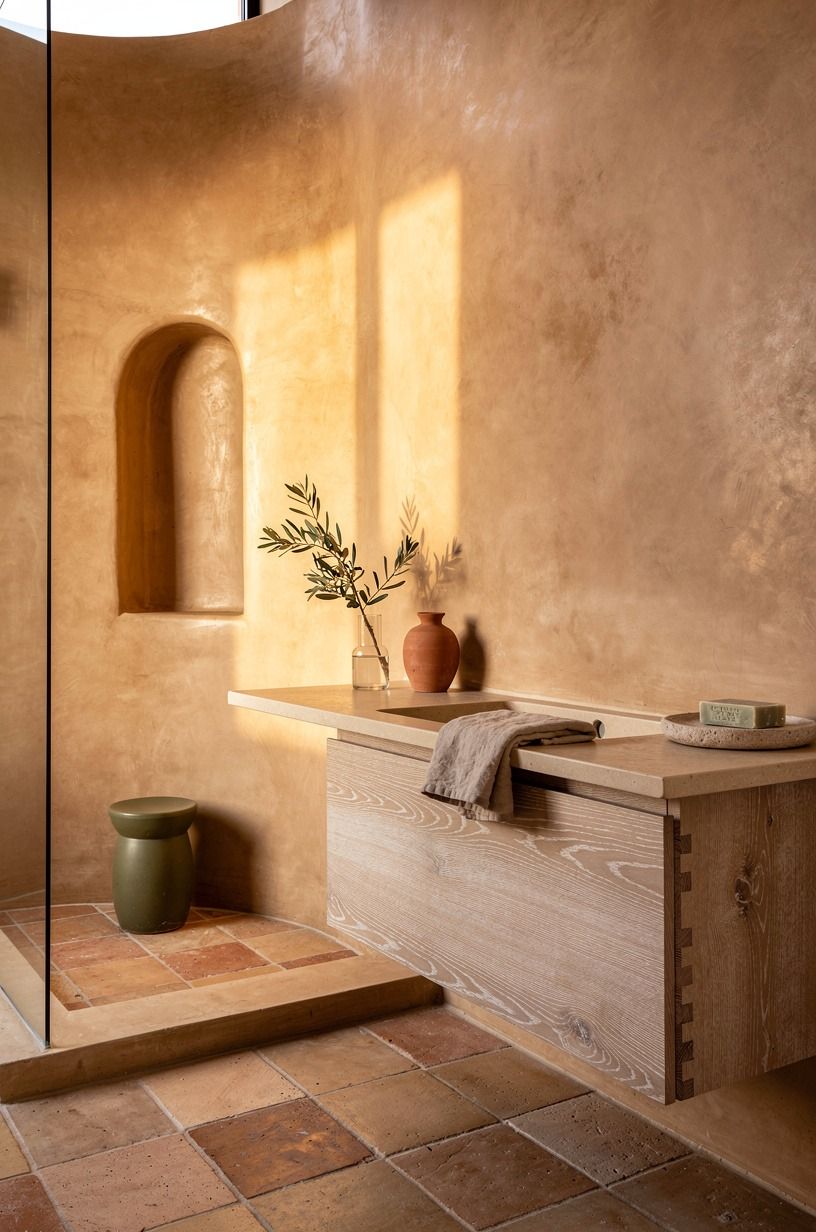 Wrap the shower walls in warm sand tadelakt