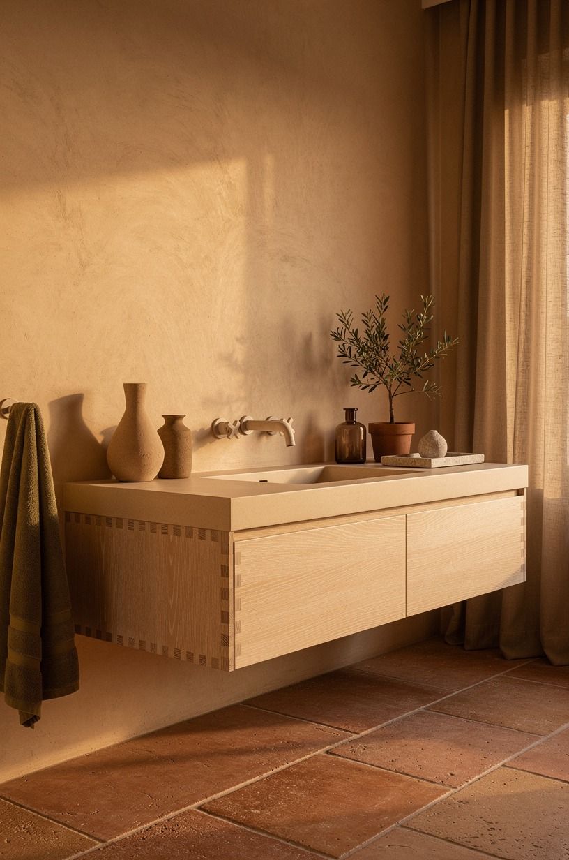 Wrap the vanity wall in warm sand limewash