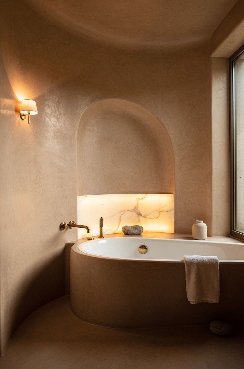 Curve a tadelakt niche above the tub