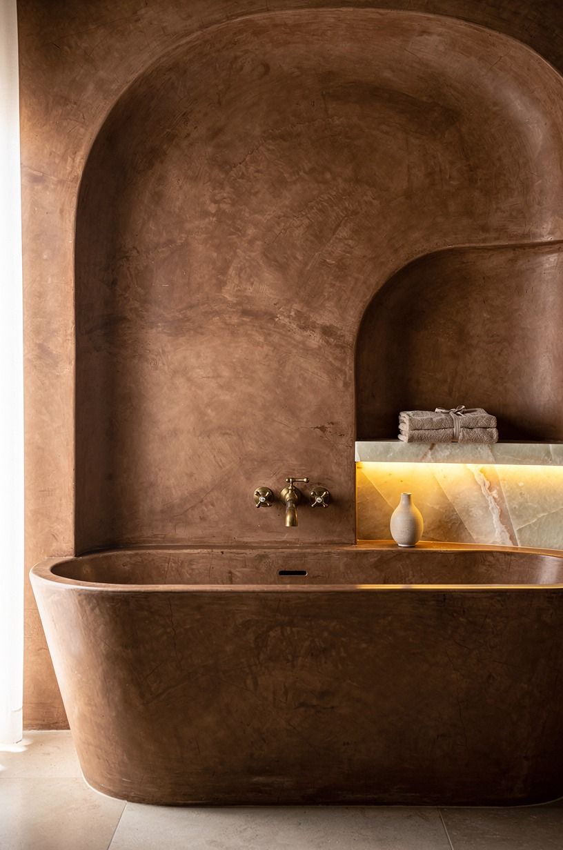 Curve plaster around a built-in soaking niche (The Soft-Edge Spa Rule)