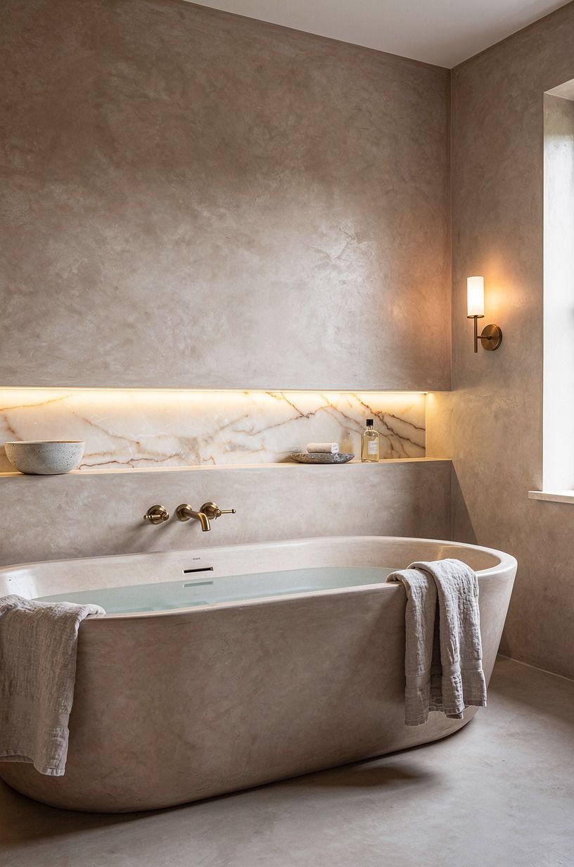 Frame the tub niche with cloudy mineral plaster