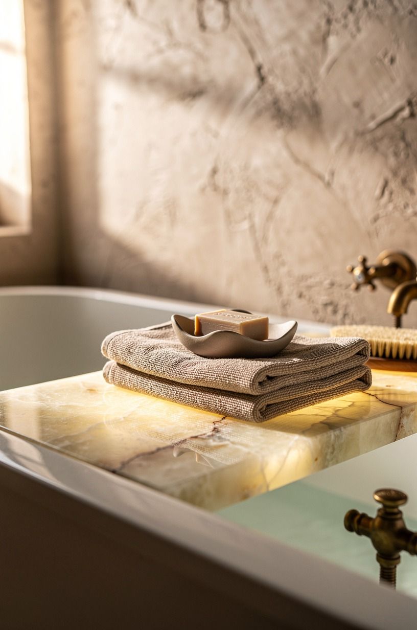Stack linen hand towels under a soap dish