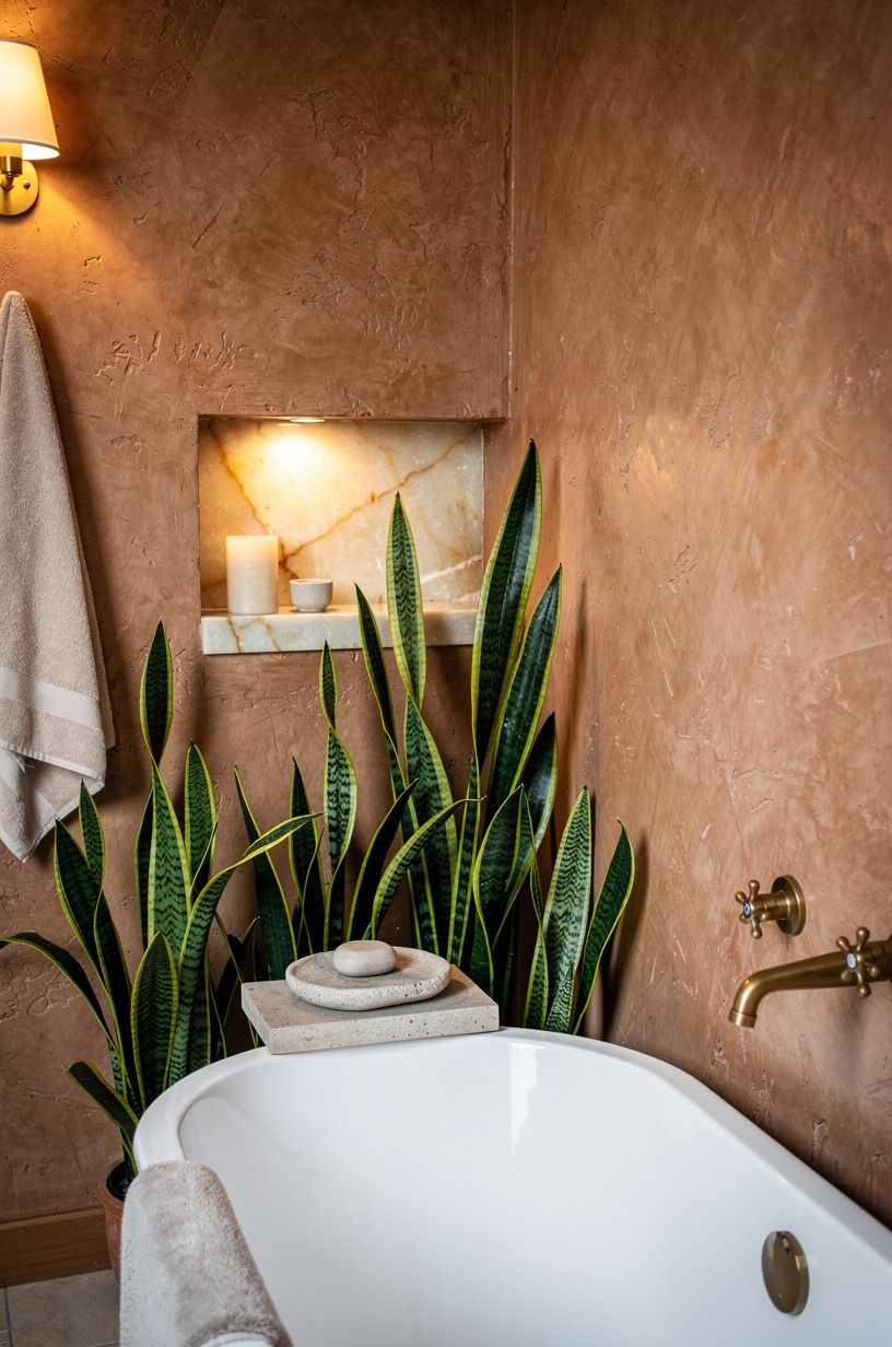 Cluster snake plants around the bathtub corner
