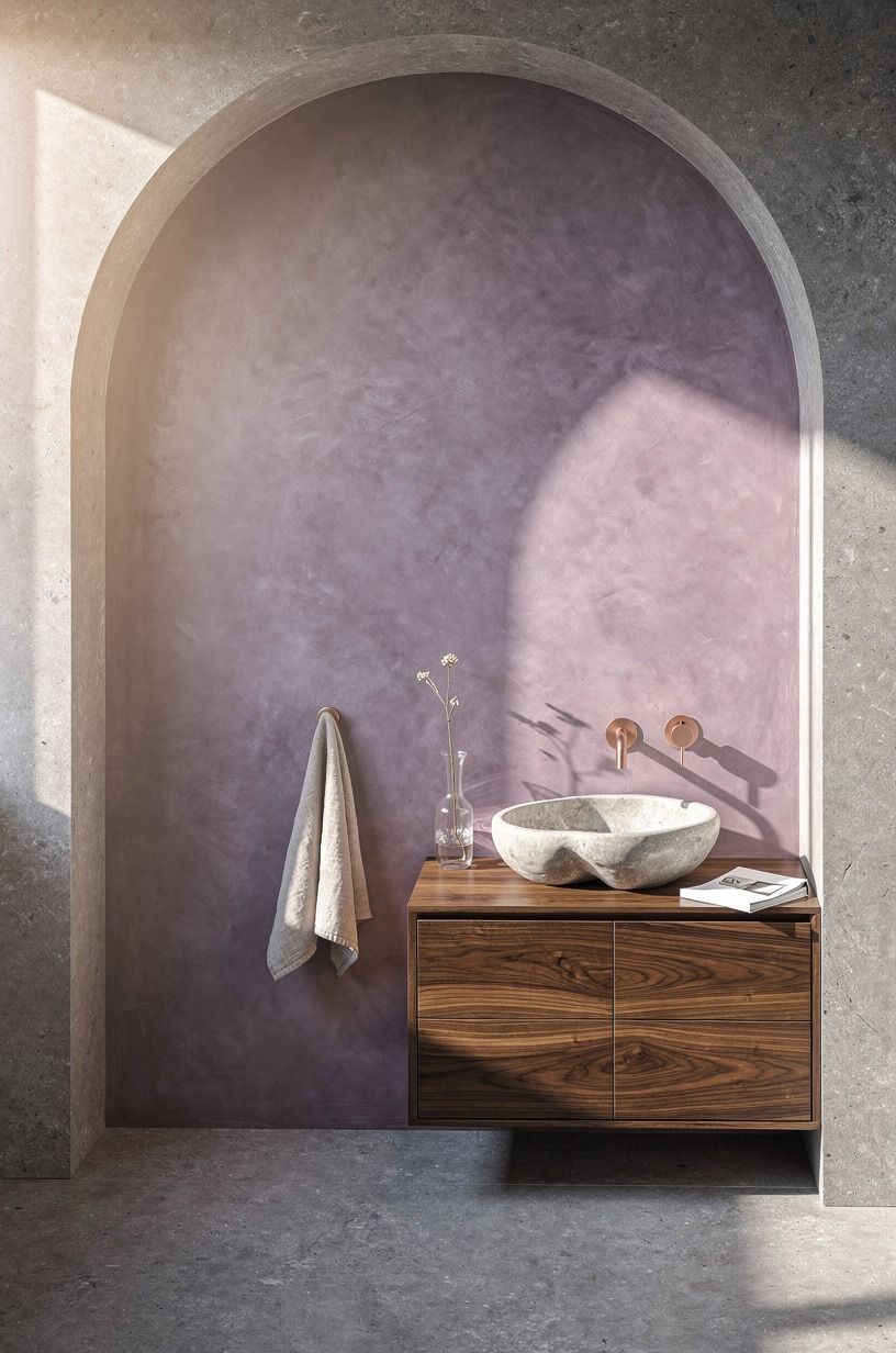Frame the vanity with a polished plaster arch (The Halo Vanity Strategy)