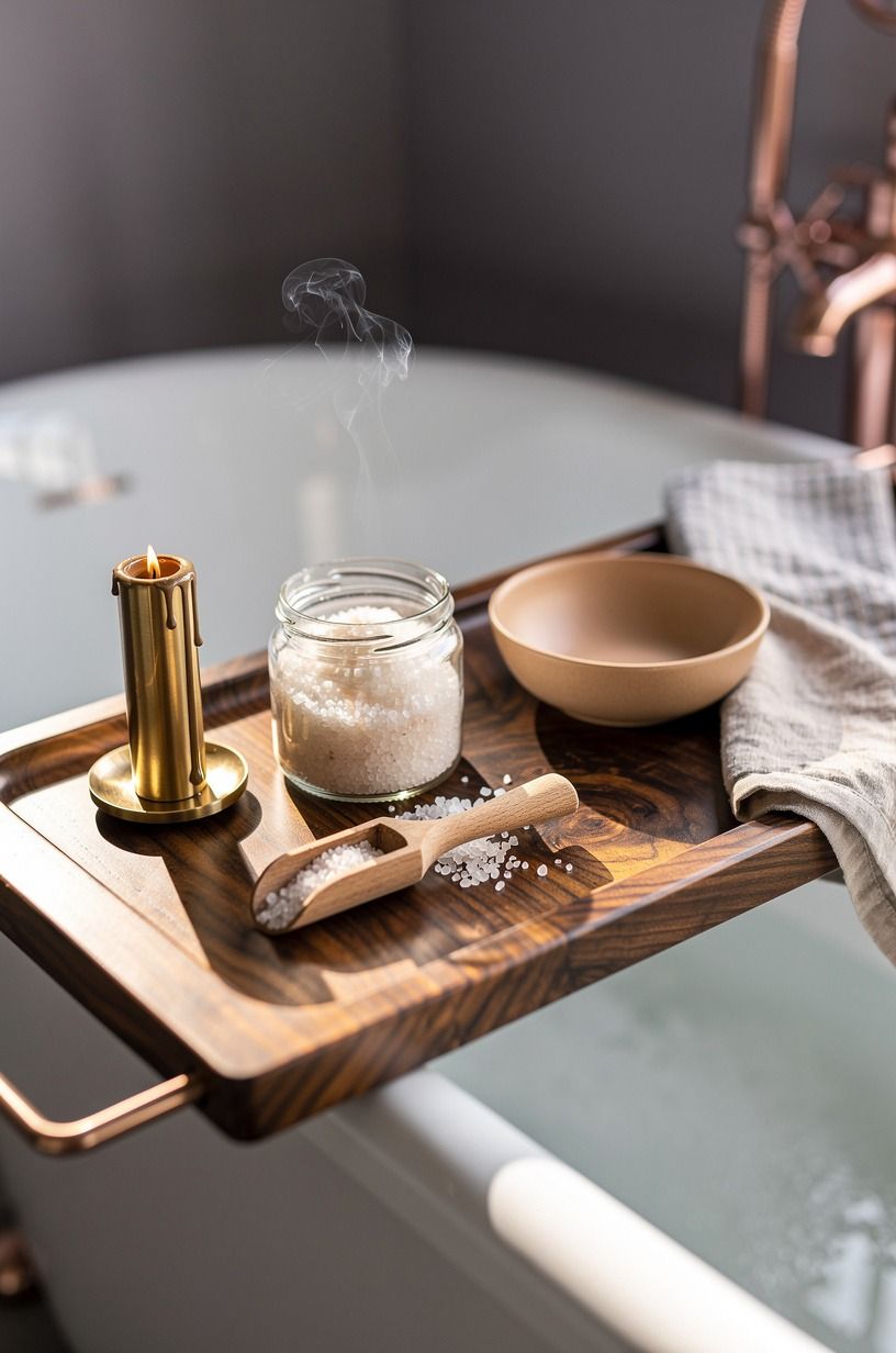 Set a brass candle beside bath salts
