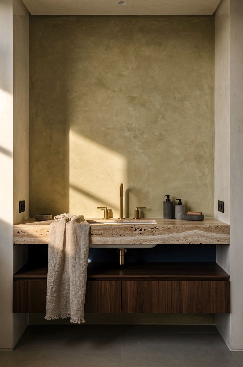 Pair lime plaster with unlacquered brass fixtures (The Patina Pairing)