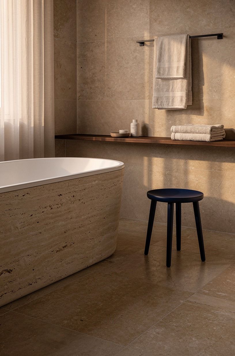 Sink the tub apron into a limestone skirt