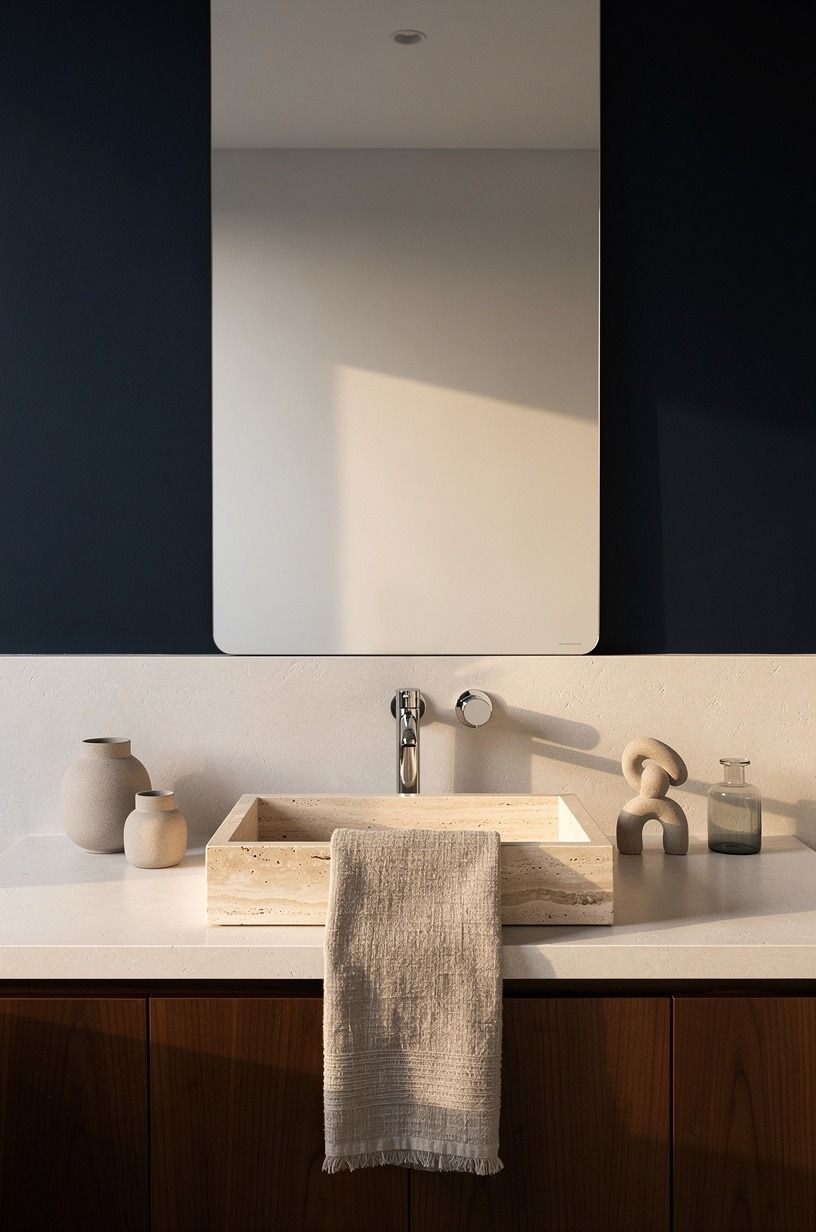 Frame the mirror with a microcement ledge
