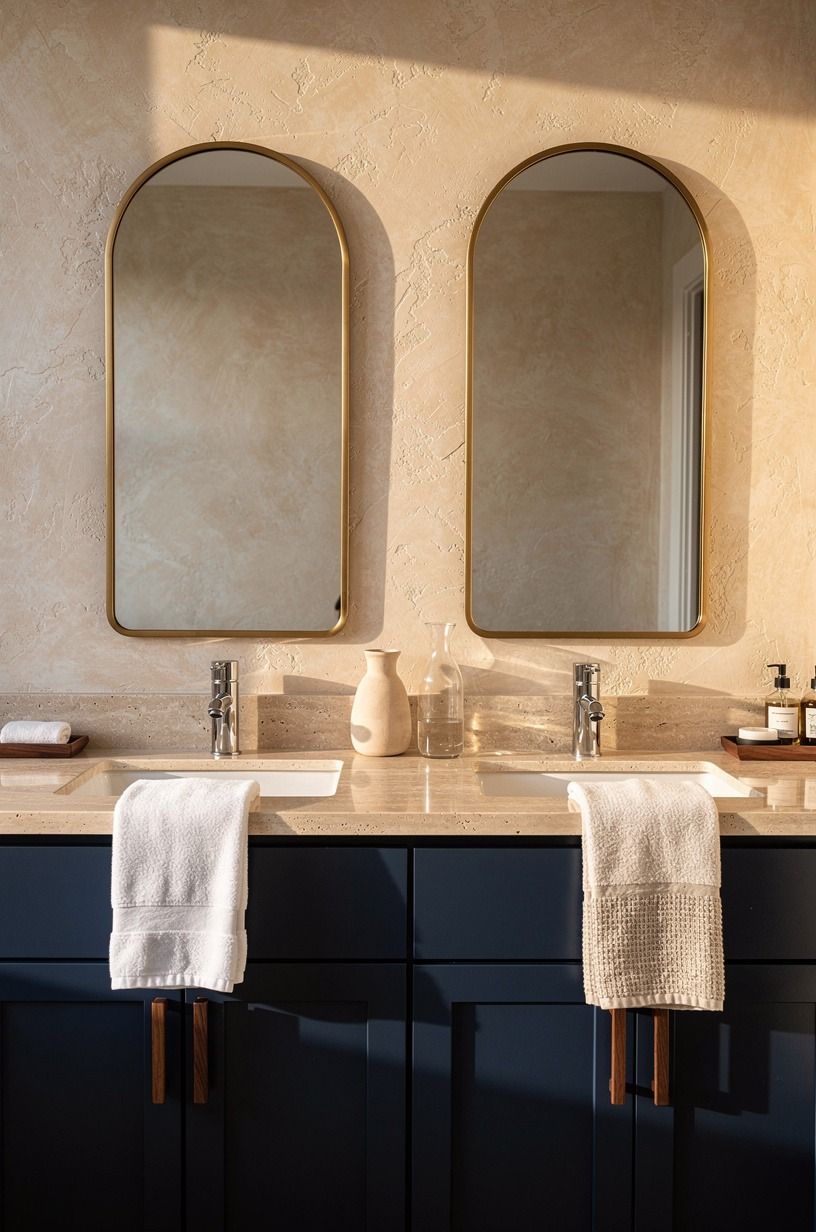 Trowel creamy plaster behind brass mirrors (instead of more tile)