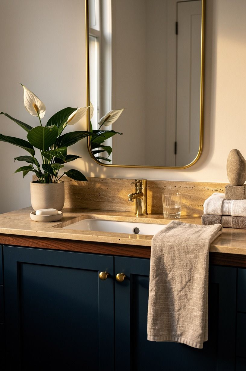 Set peace lilies beside a brass mirror