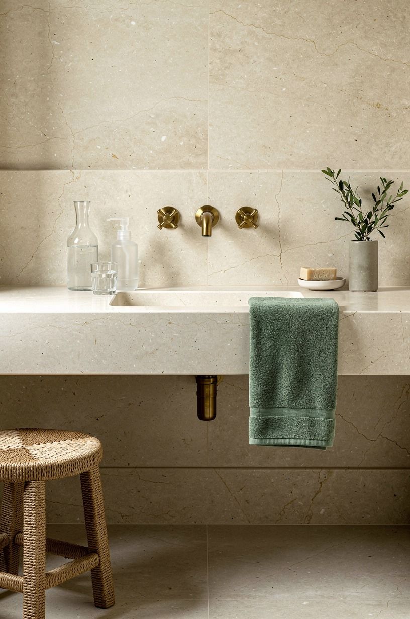 Pair limestone walls with unlacquered brass