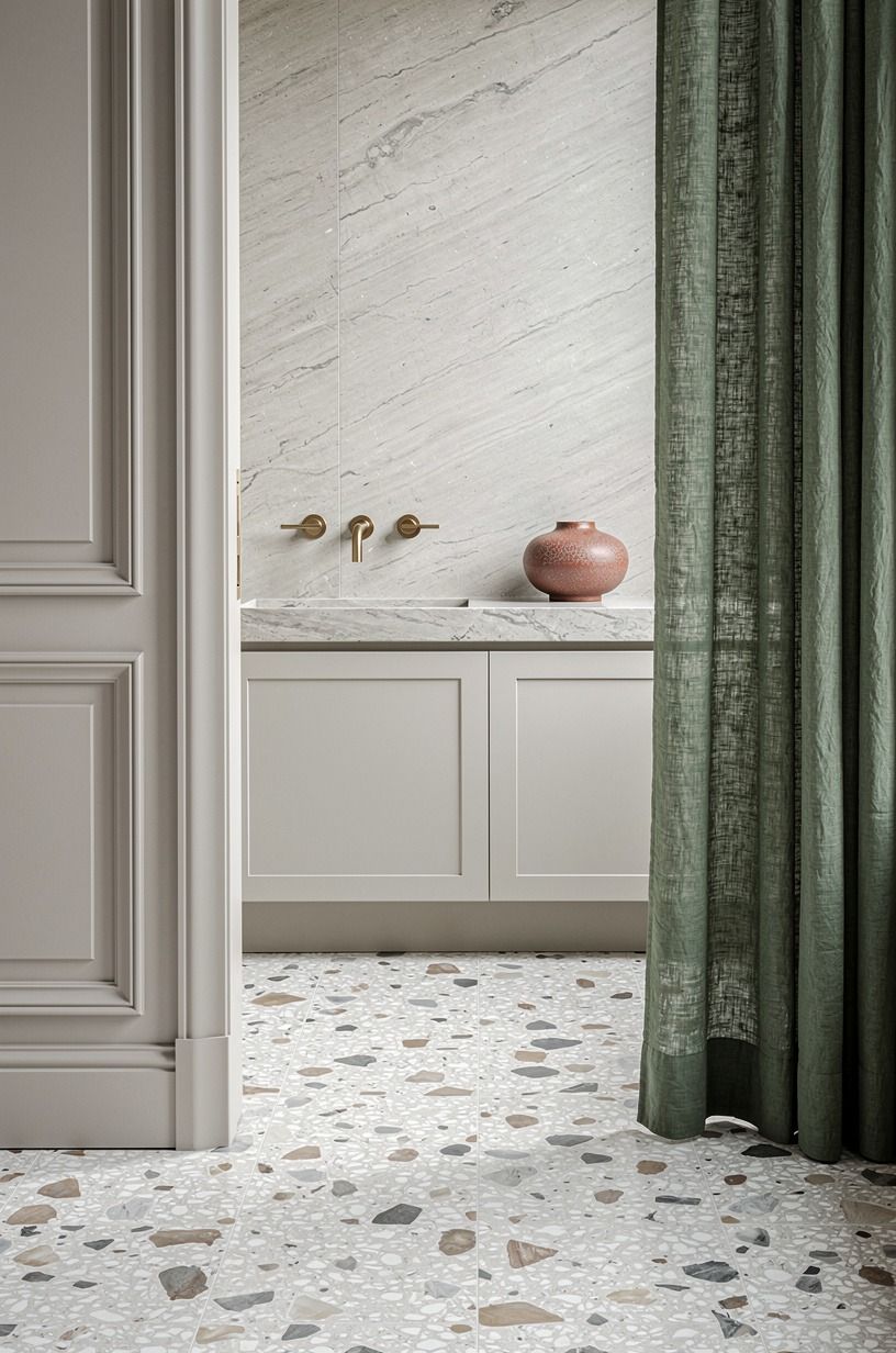 Set a brushed brass tap into a limestone backsplash