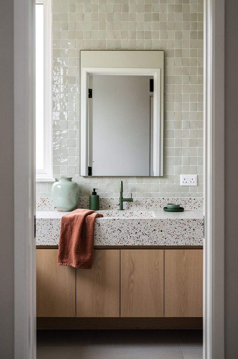 Framed the mirror with pearly zellige tile