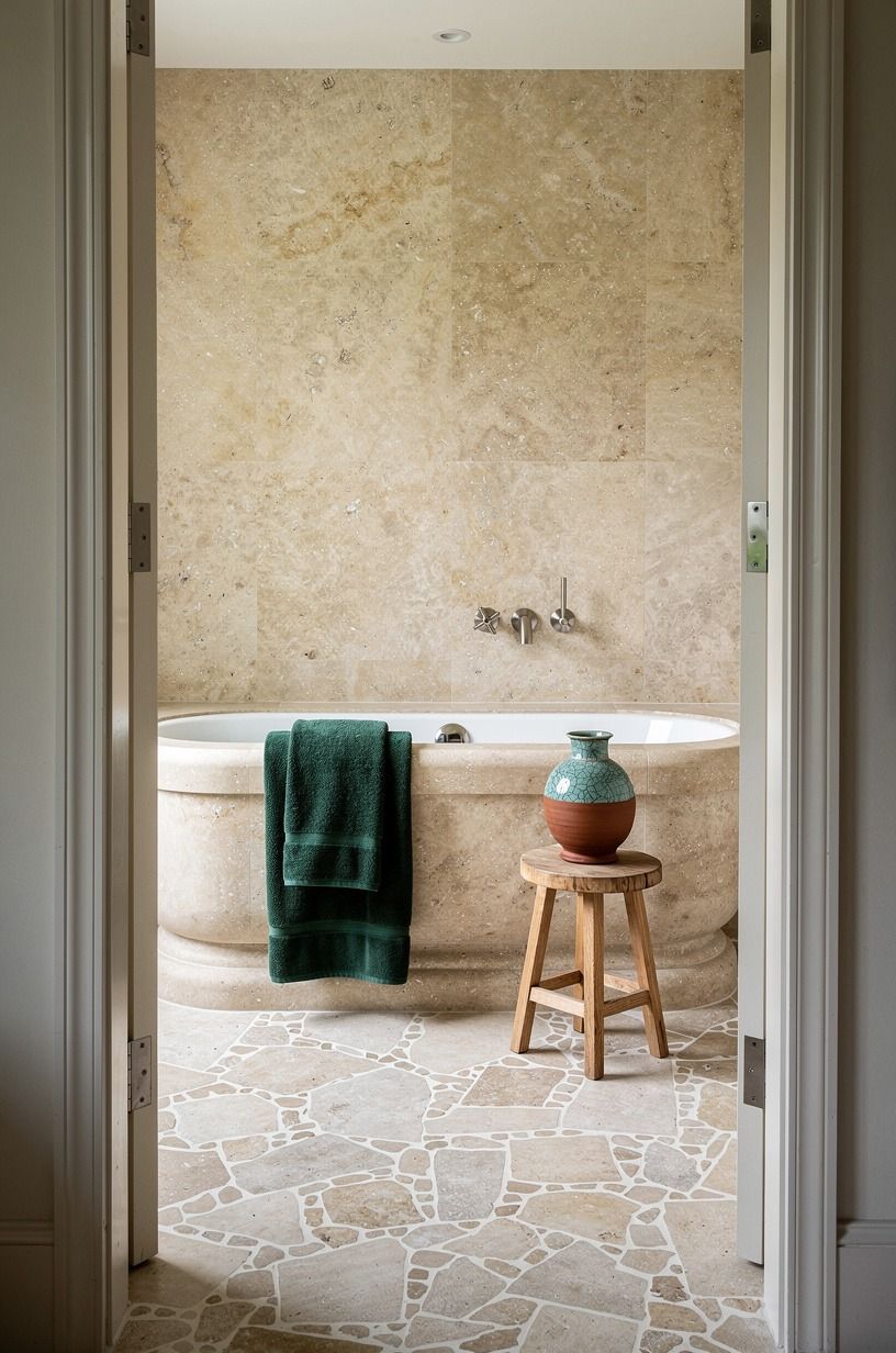 Use tumbled limestone around the bathtub
