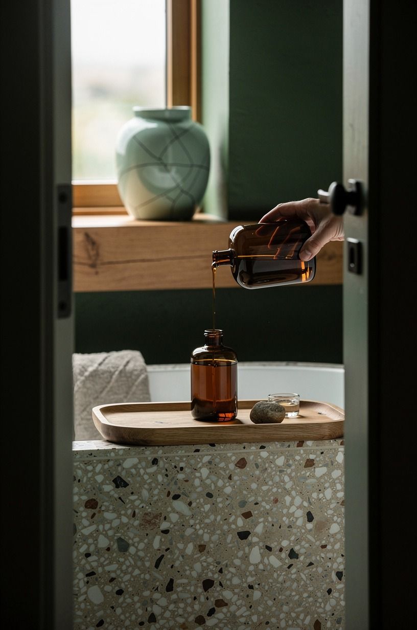 Pour bath oil into an amber bottle