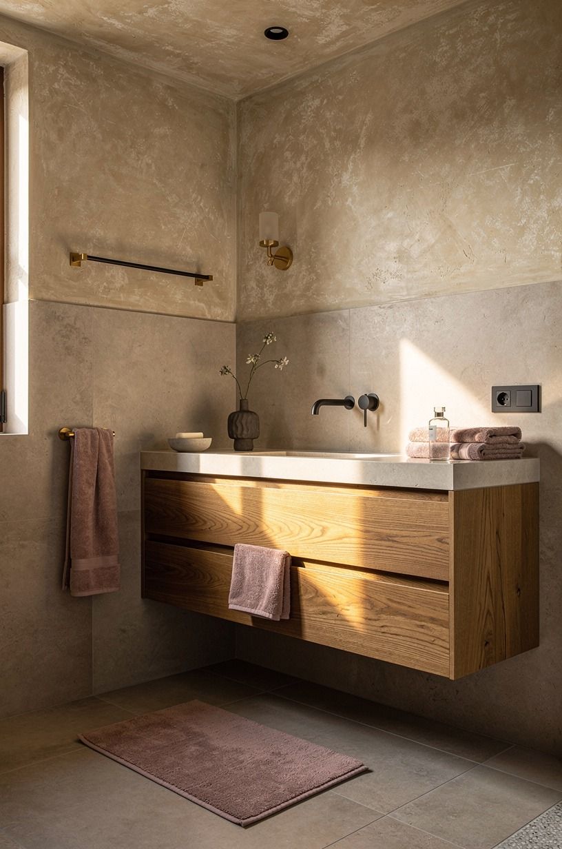 Blend stone limewash with a floating oak vanity