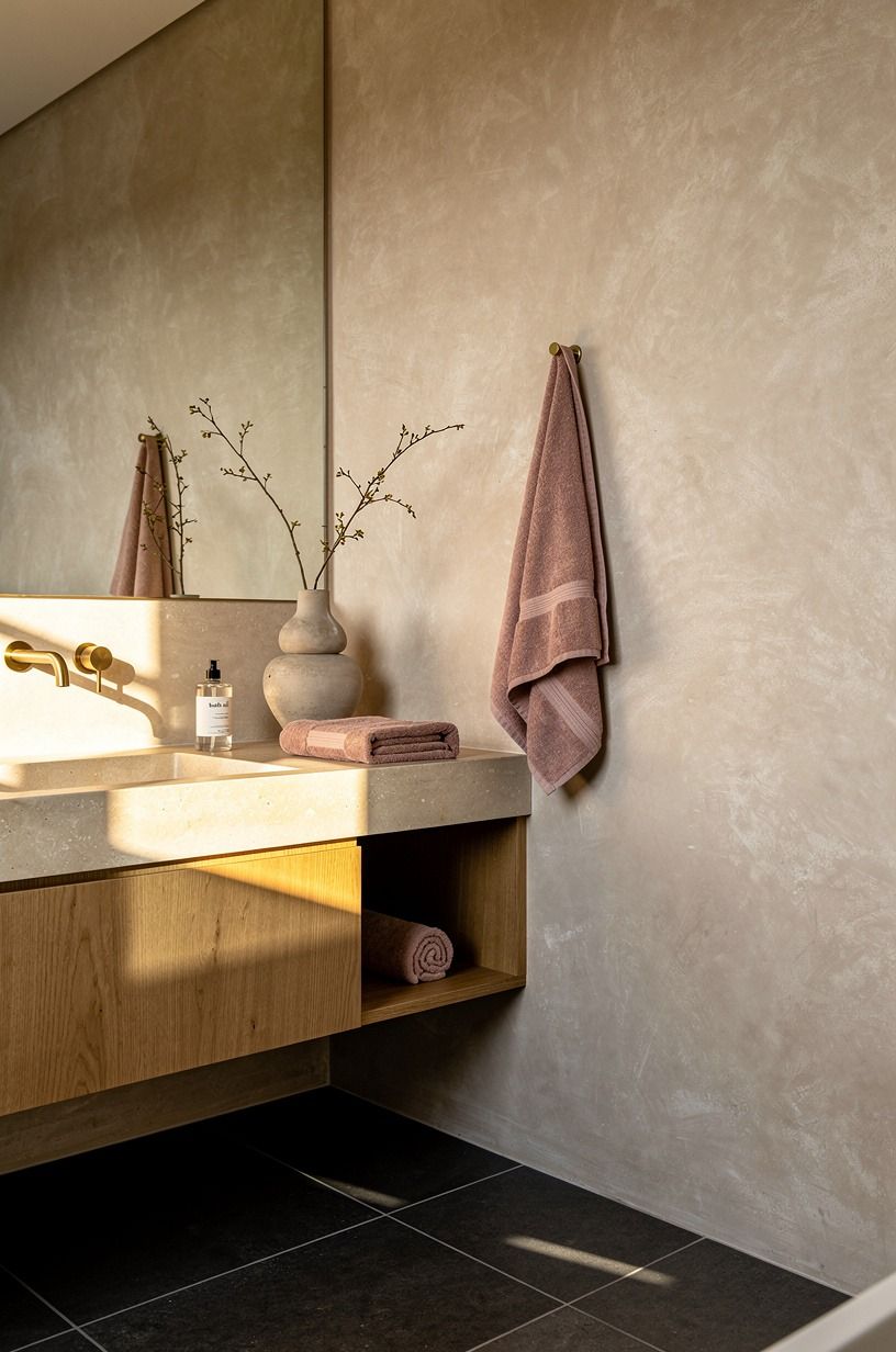 Build a floating vanity from pale limestone