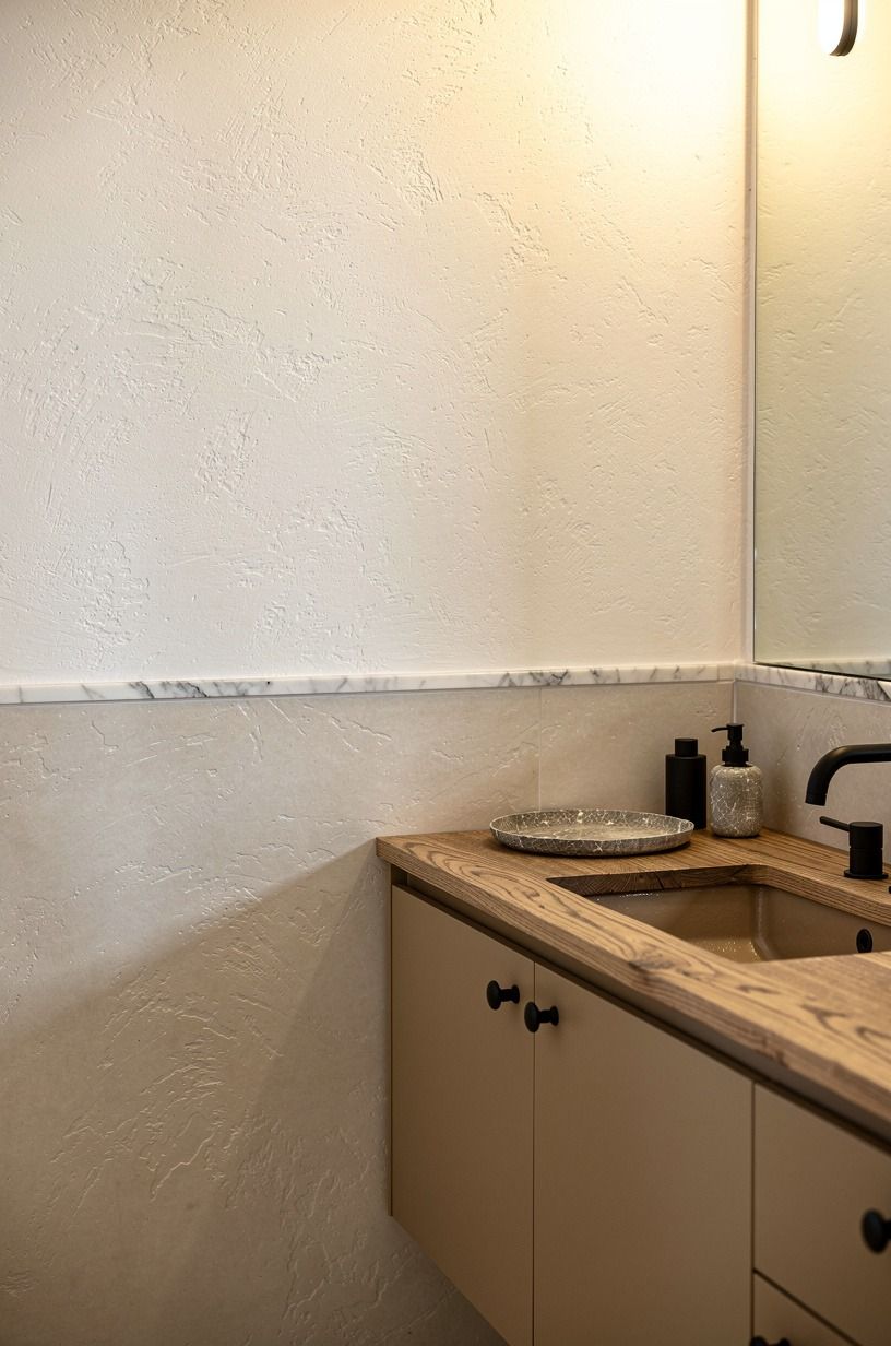 Run plaster halfway up with marble trim (marble over bullnose every time)