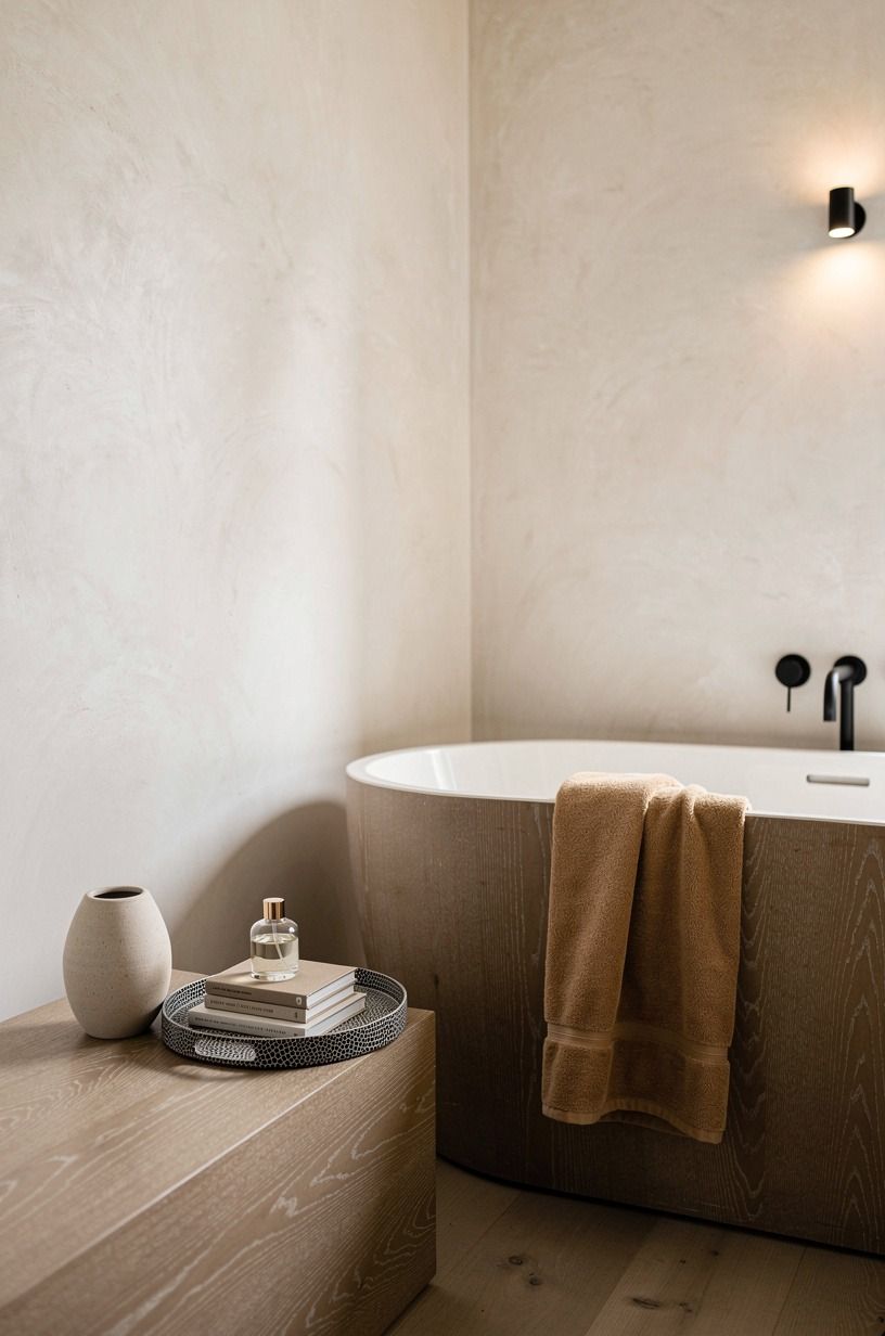 Layer taupe limewash around a freestanding tub
