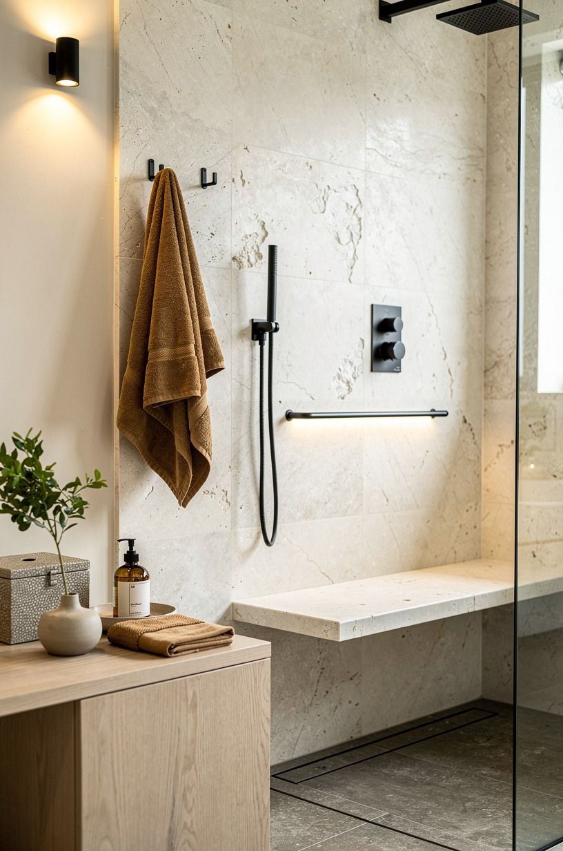 Add a limestone bench inside the shower