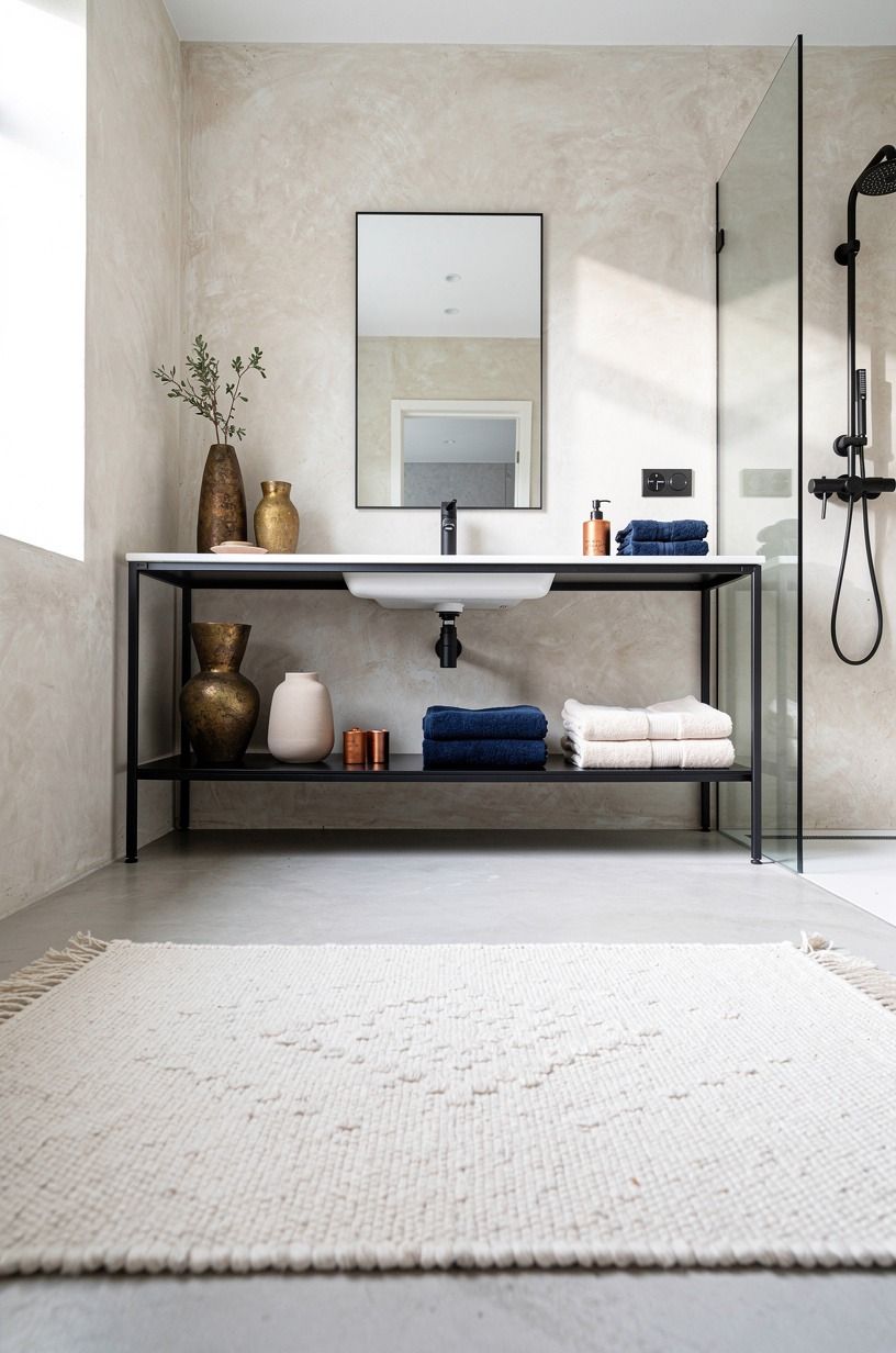 Contrast charcoal fixtures against bone limewash walls