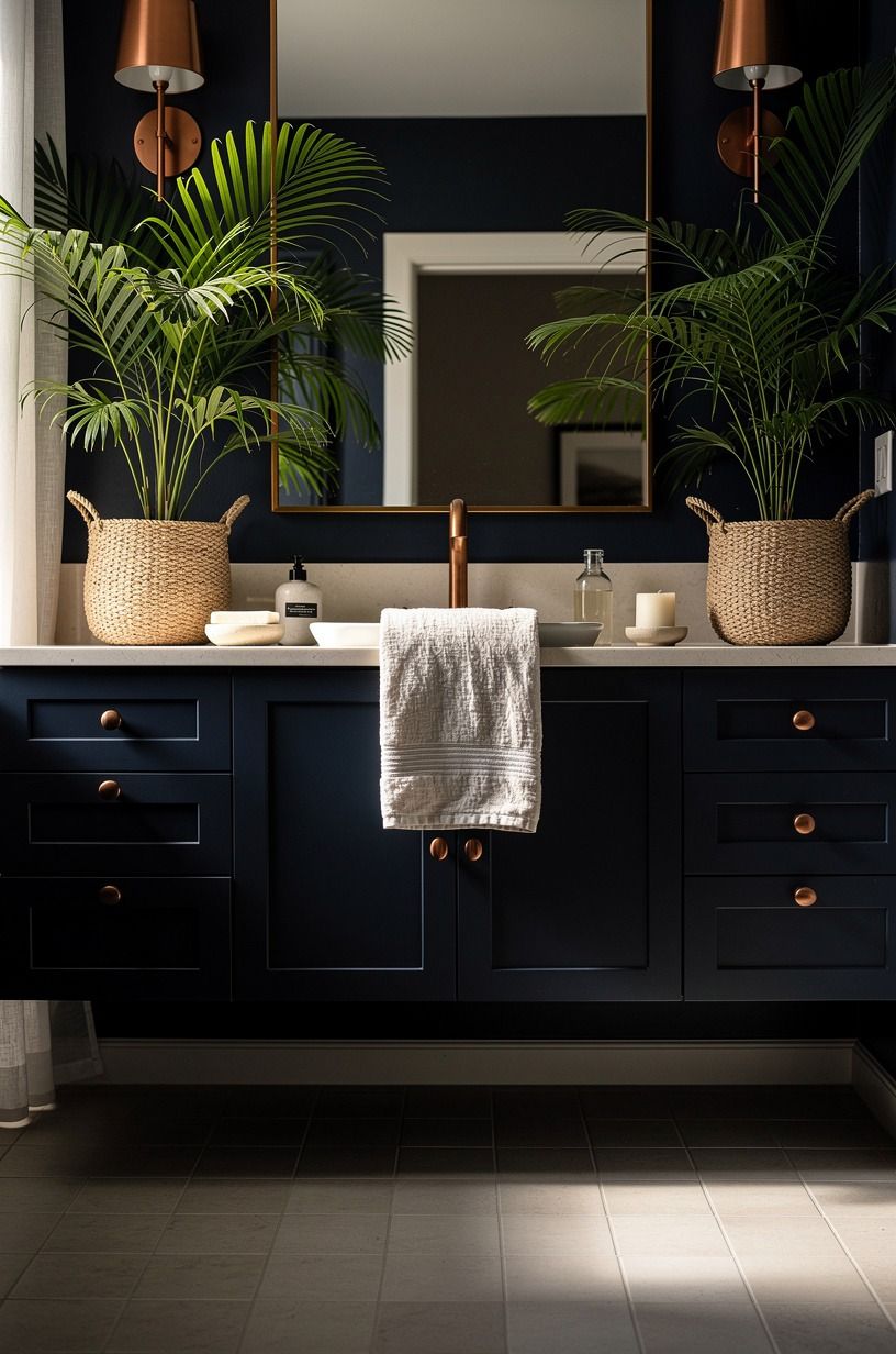 Slip parlor palms into woven vanity baskets
