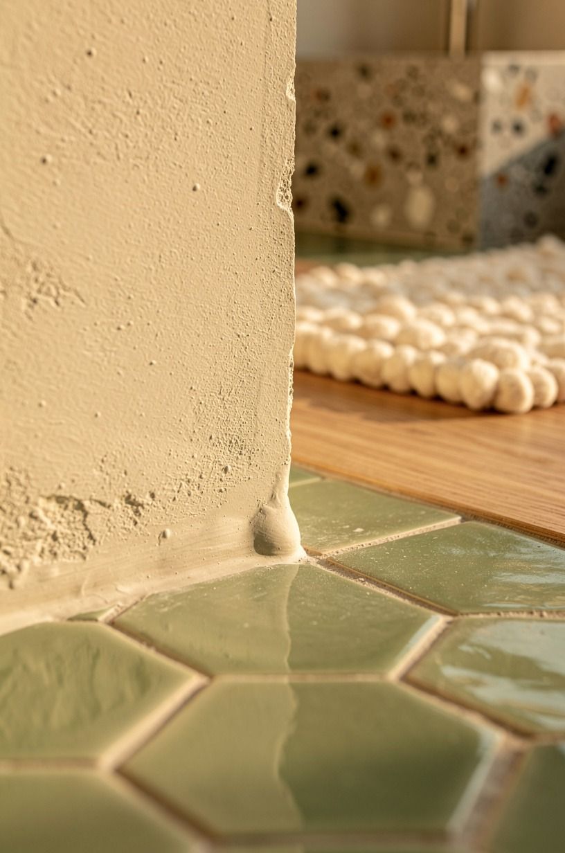 Contrast creamy plaster with zellige floor tile (Cream over glaze)