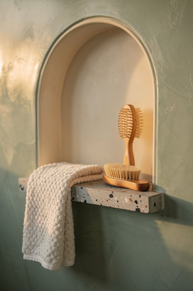 Carve arched shampoo niches into plaster walls (small detail, huge payoff)