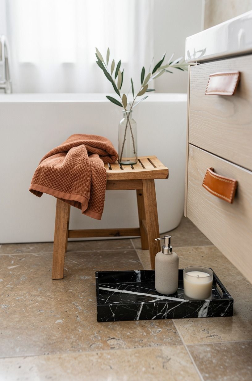 Style one teak stool beside the tub