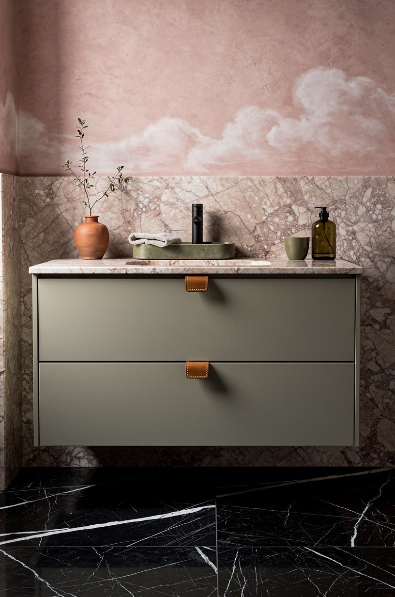 Feather blush limewash above marble wainscoting