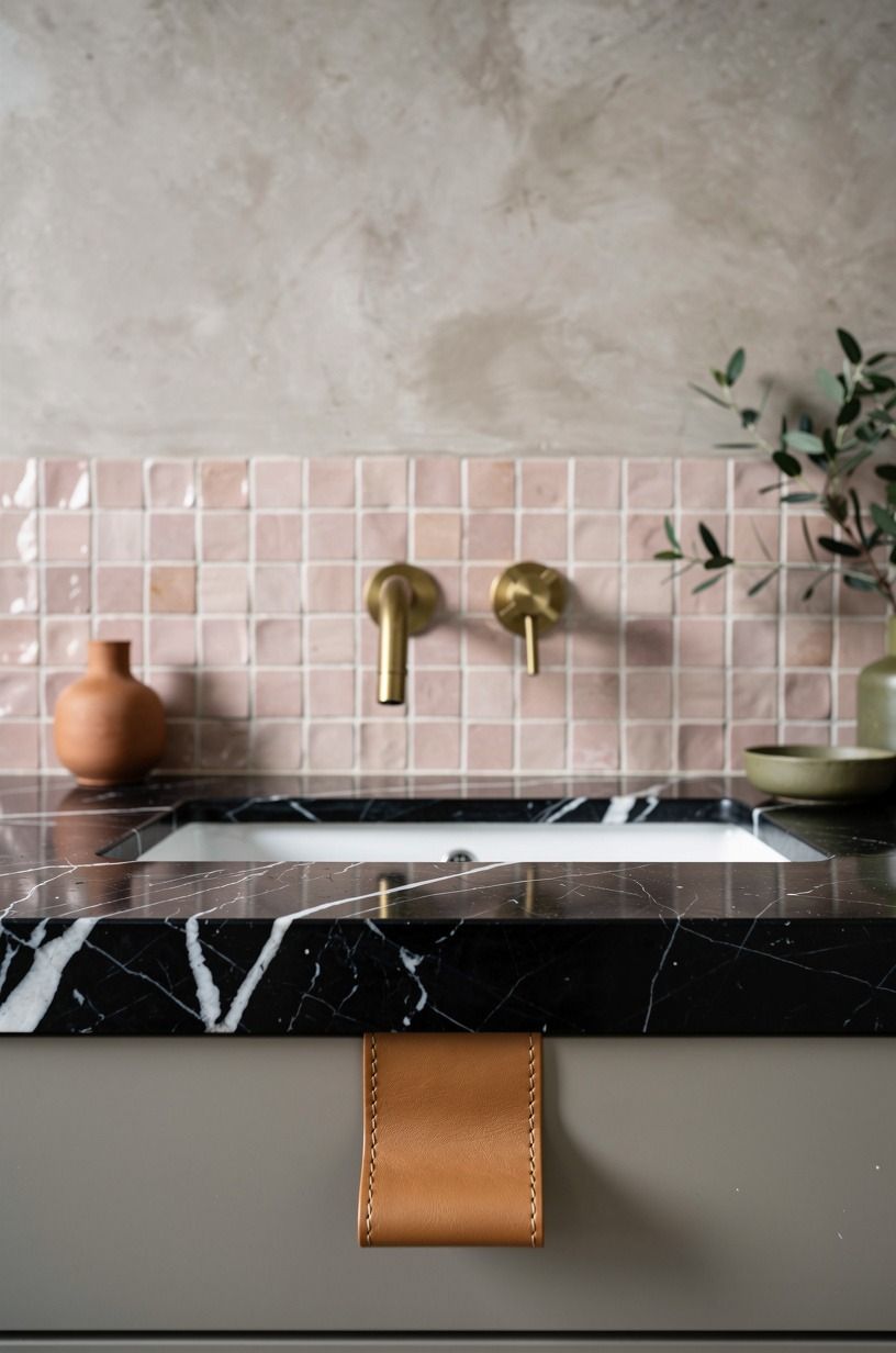 Built a blush zellige backsplash behind faucets
