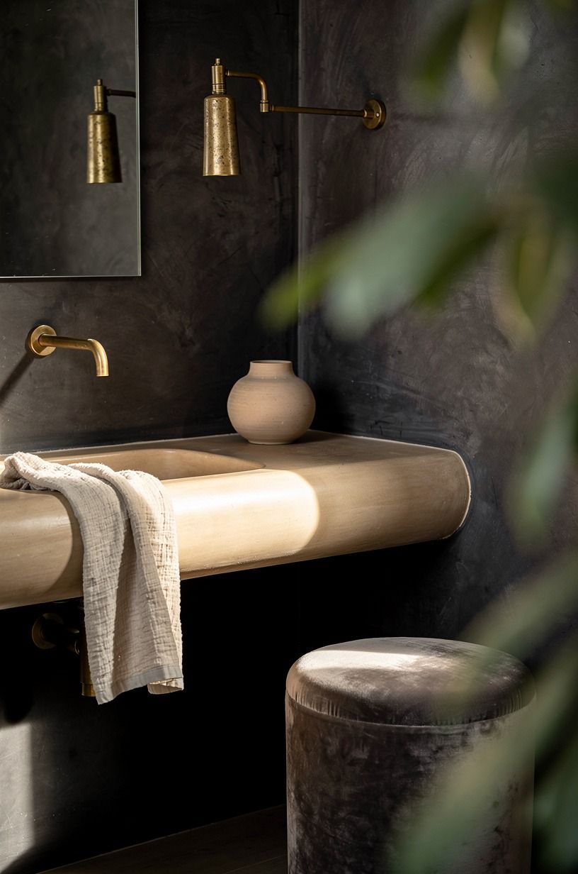Polish charcoal plaster around a floating sink (The Shadow-Box Vanity Rule)