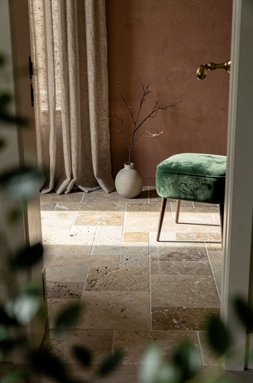Mix limestone tile sizes underfoot