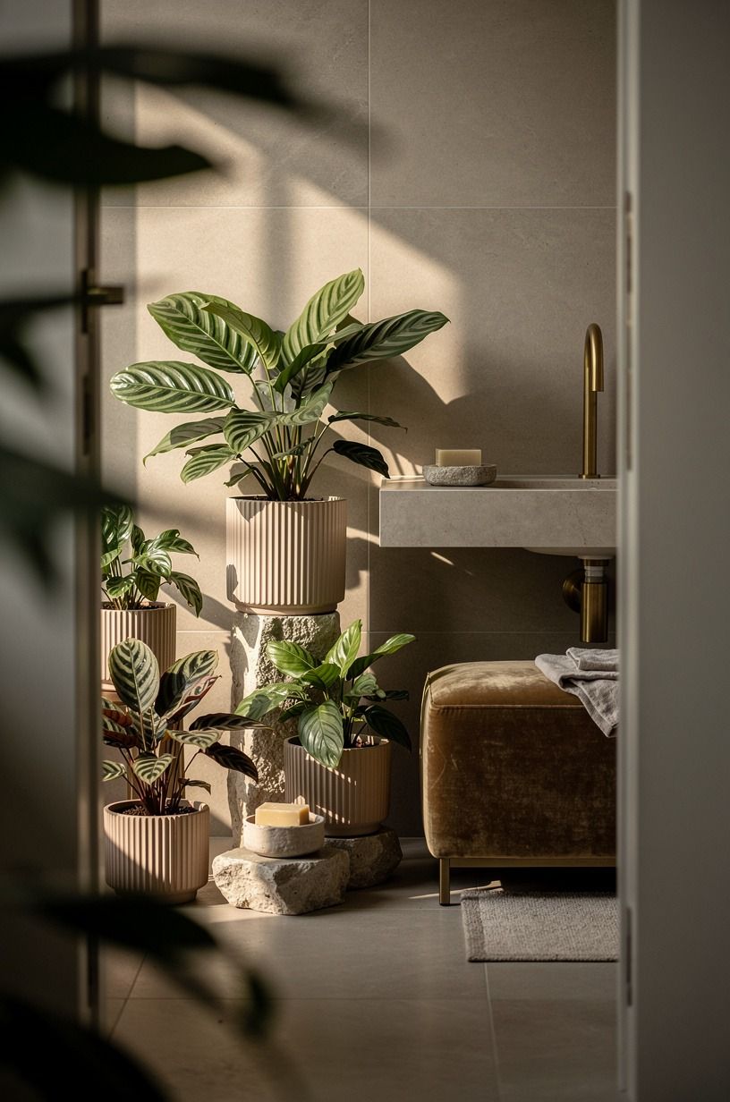 Pair ribbed planters with shade loving calatheas