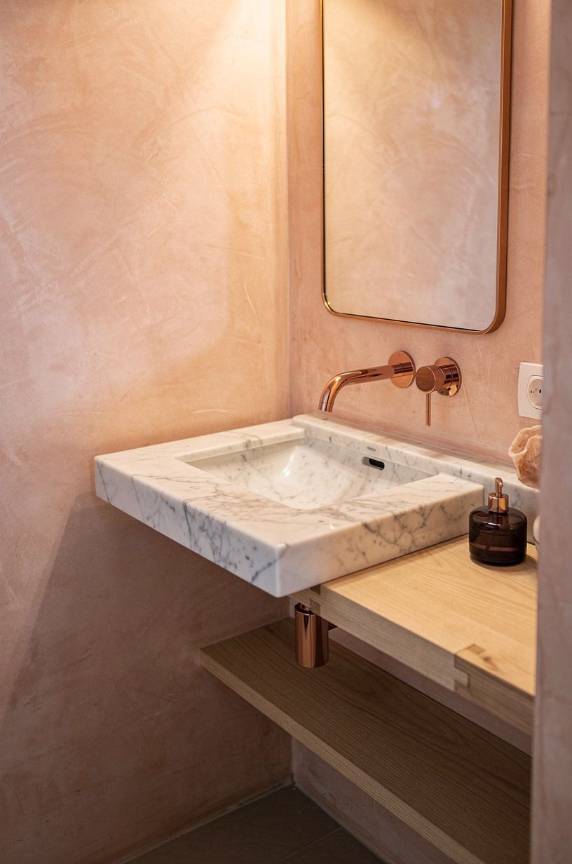 Soften a powder bath with blush plaster (tiny room, big reward)