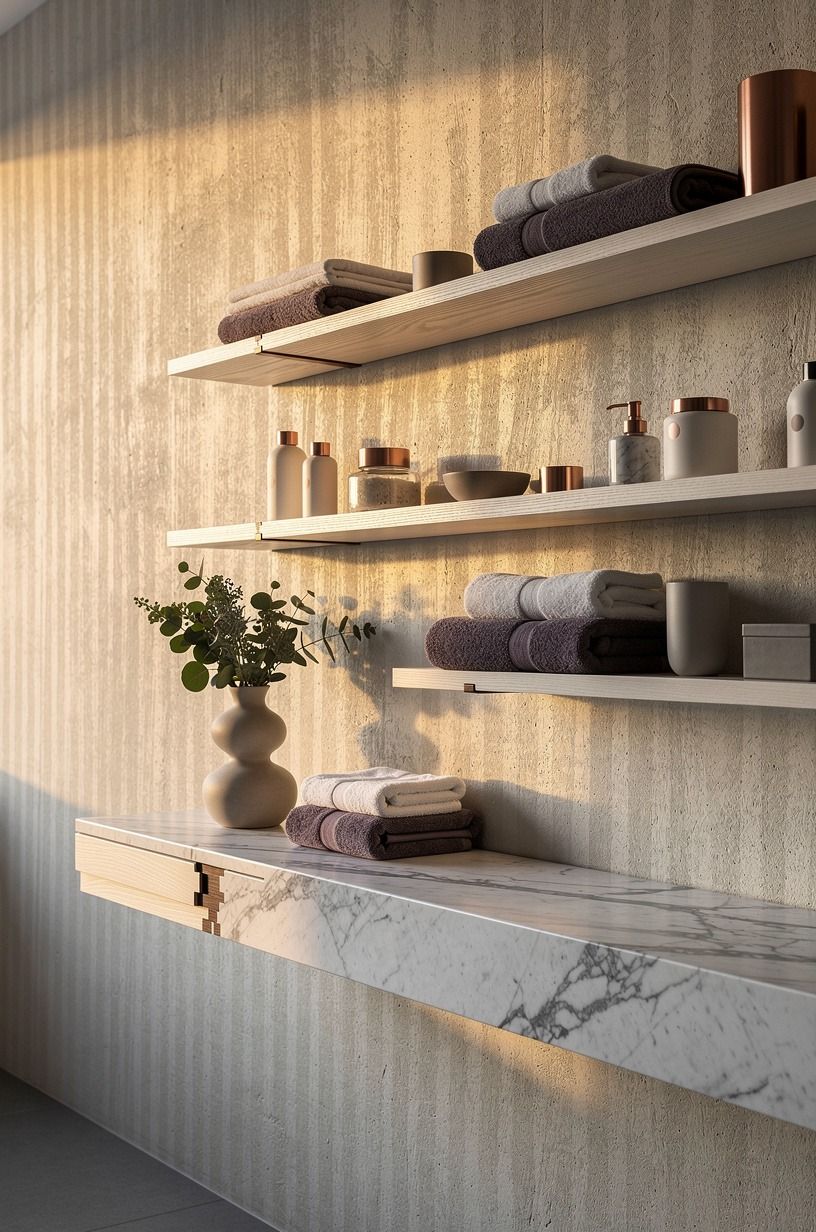 Stripe limewash texture behind open towel shelves