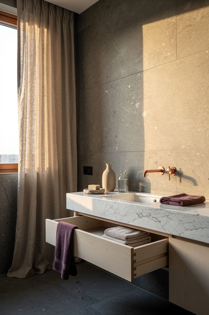 Soften limestone with linen cafe curtains