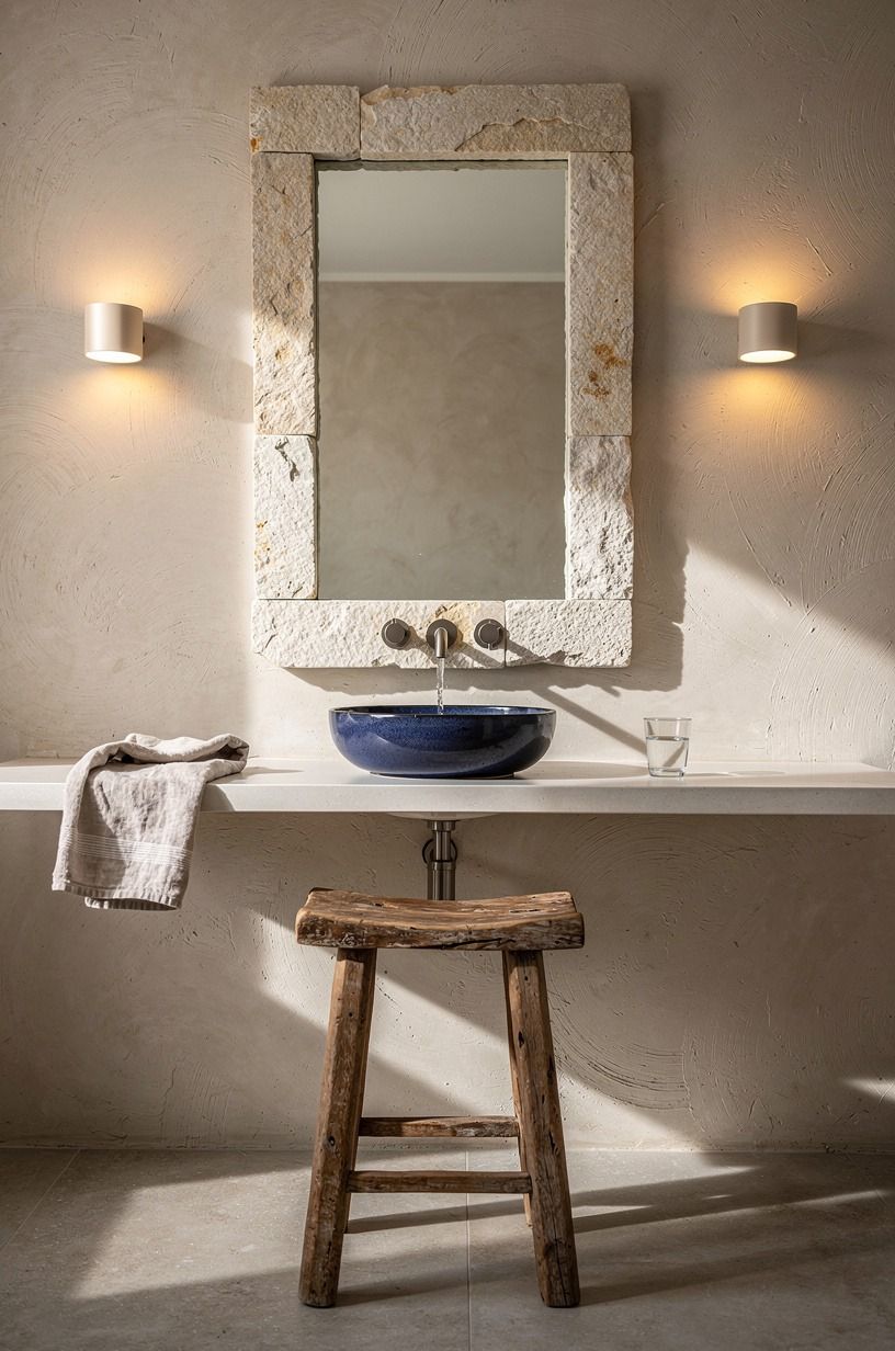 Frame the mirror with rough-cut limestone